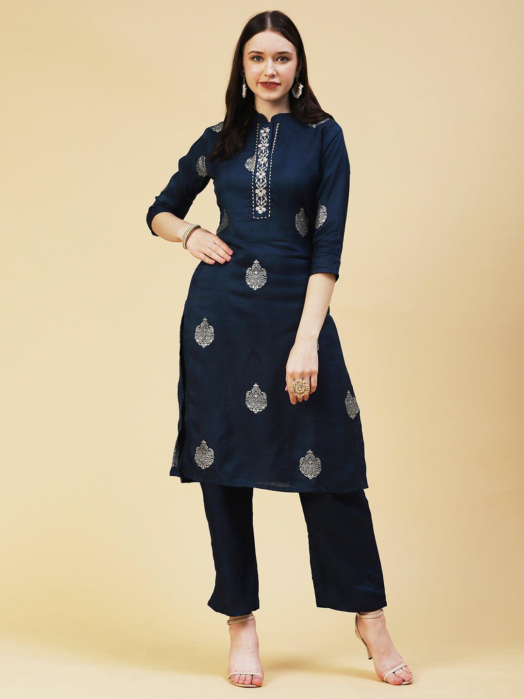 Zari Jacquard Zardozi Embroidered Kurta With Pants & Gotapatti Embroidered Dupatta - Blue - Indiakreations