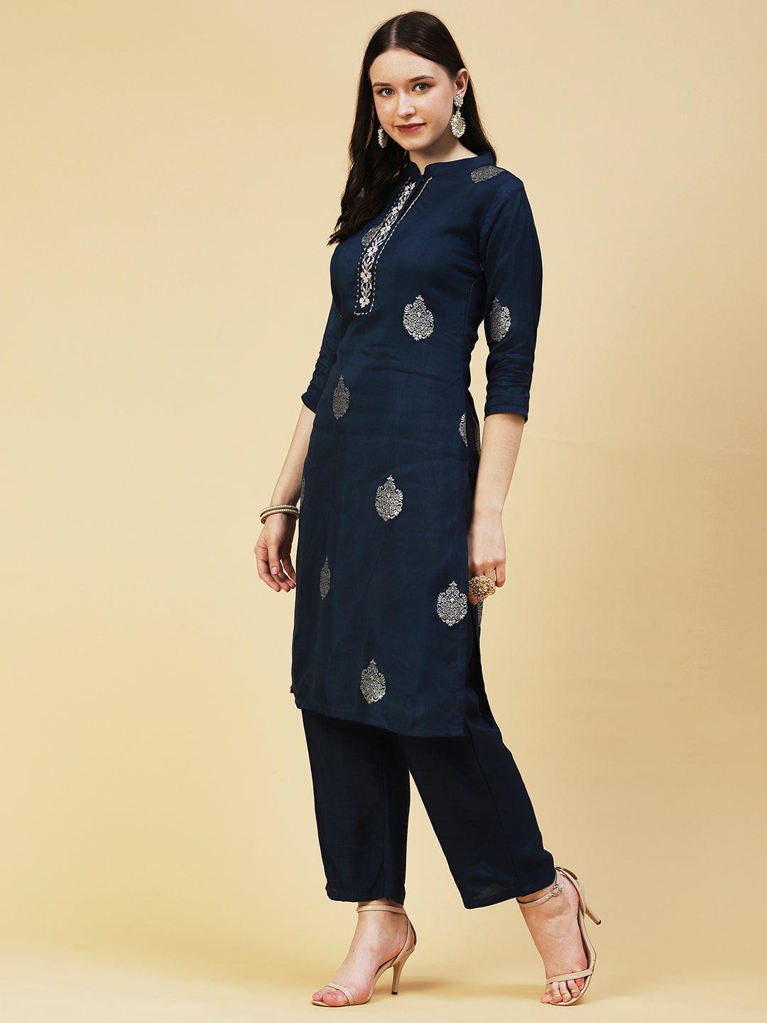 Zari Jacquard Zardozi Embroidered Kurta With Pants & Gotapatti Embroidered Dupatta - Blue - Indiakreations