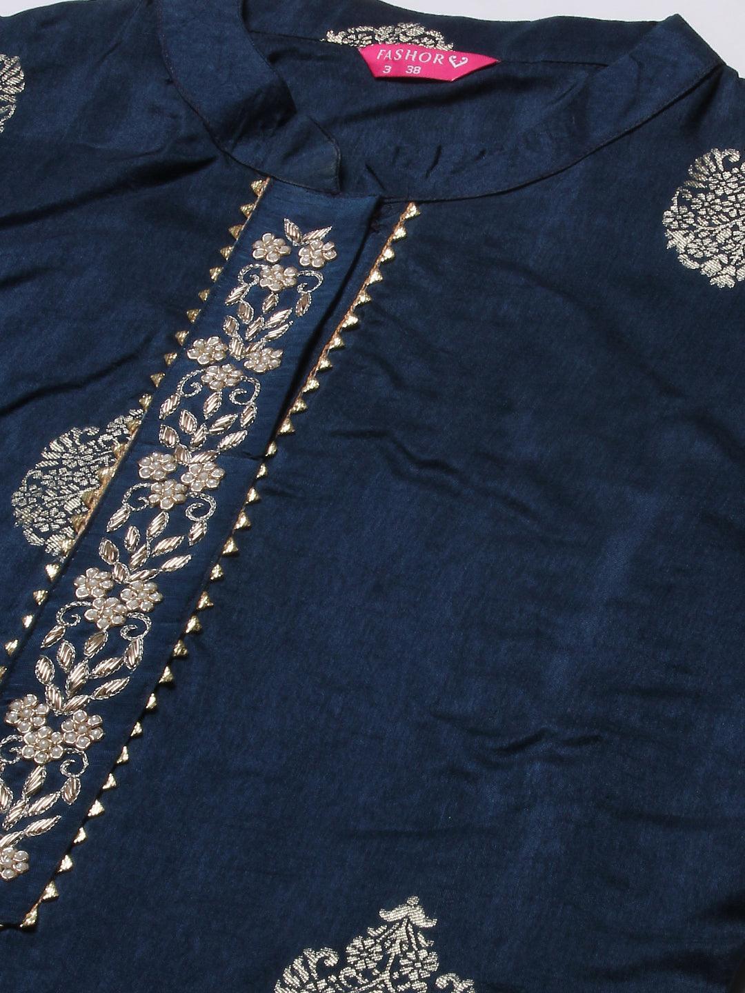 Zari Jacquard Zardozi Embroidered Kurta With Pants & Gotapatti Embroidered Dupatta - Blue - Indiakreations