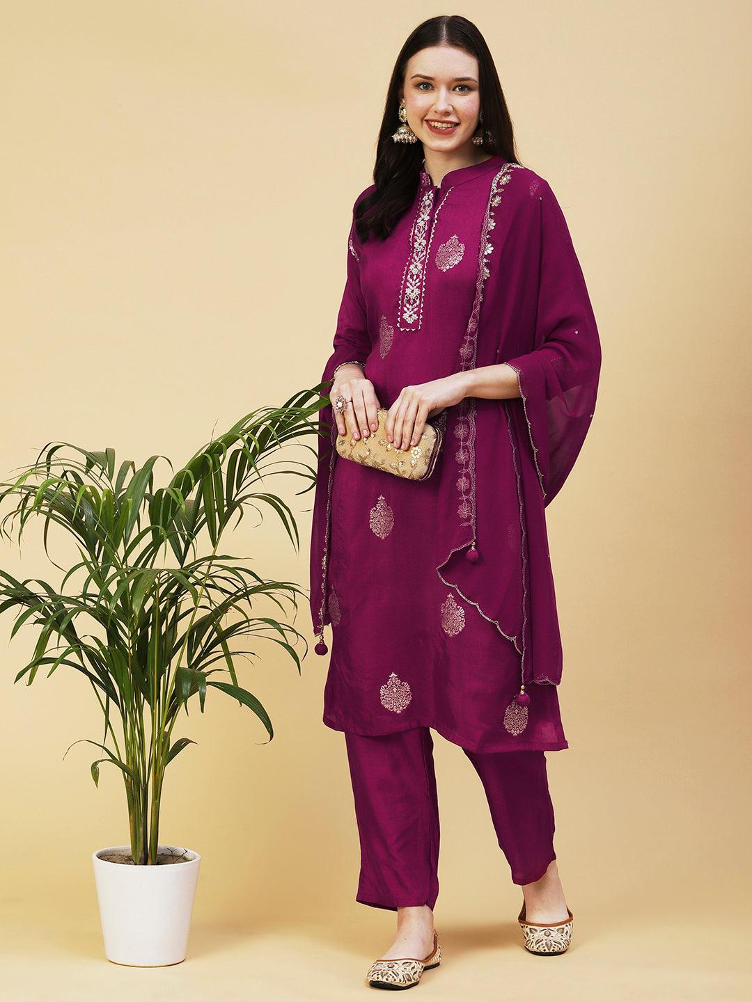 Ethnic Woven Hand Embroidered Straight Kurta with Pant & Dupatta - Magenta - Indiakreations