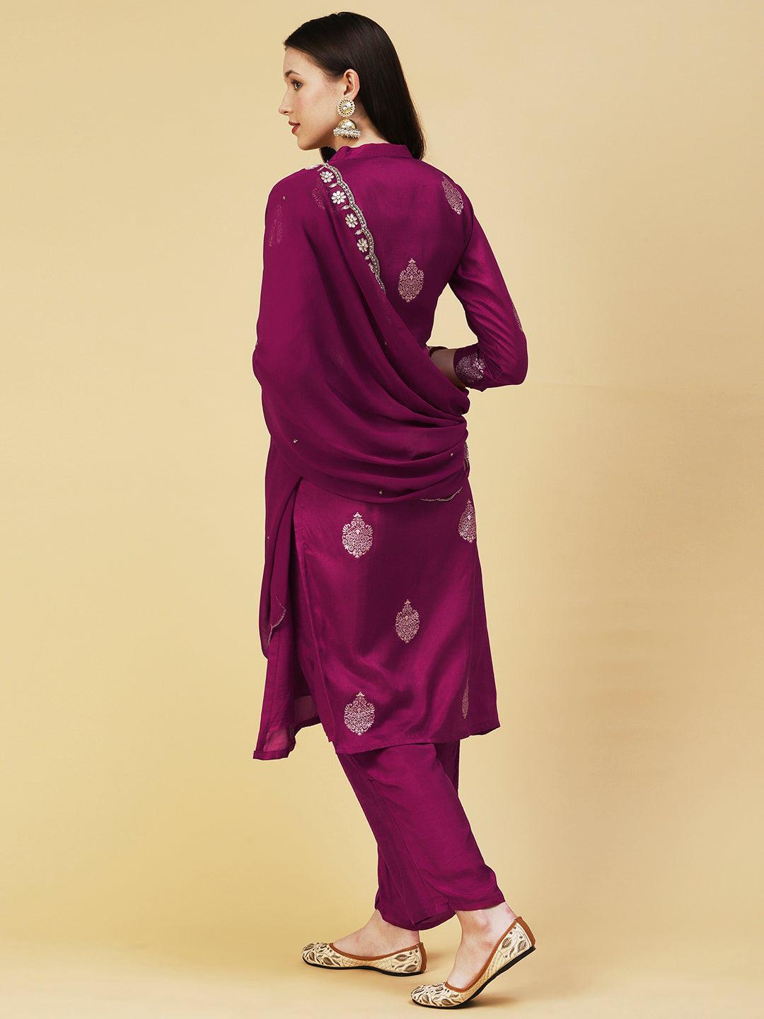 Ethnic Woven Hand Embroidered Straight Kurta with Pant & Dupatta - Magenta - Indiakreations