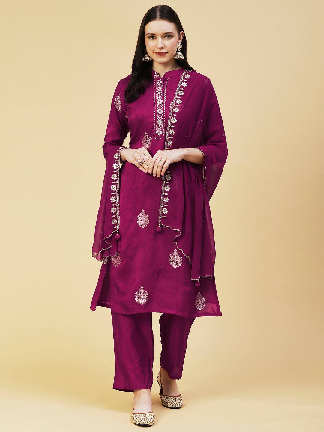 Ethnic Woven Hand Embroidered Straight Kurta with Pant & Dupatta - Magenta - Indiakreations