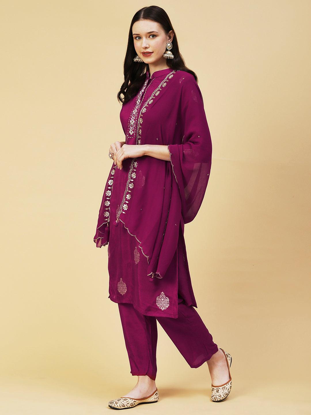 Ethnic Woven Hand Embroidered Straight Kurta with Pant & Dupatta - Magenta - Indiakreations