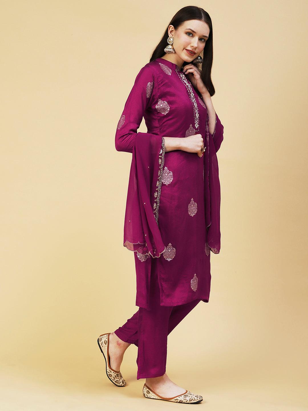 Ethnic Woven Hand Embroidered Straight Kurta with Pant & Dupatta - Magenta - Indiakreations