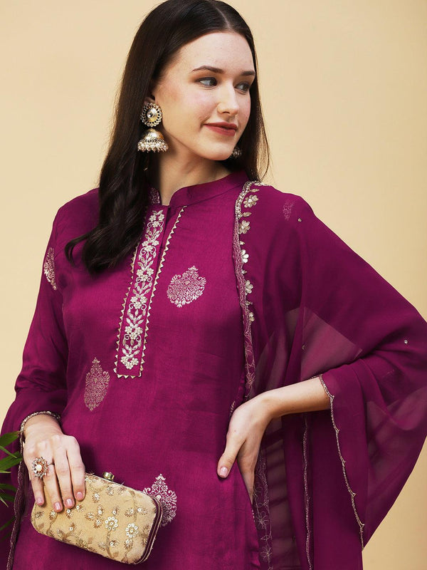 Ethnic Woven Hand Embroidered Straight Kurta with Pant & Dupatta - Magenta - Indiakreations