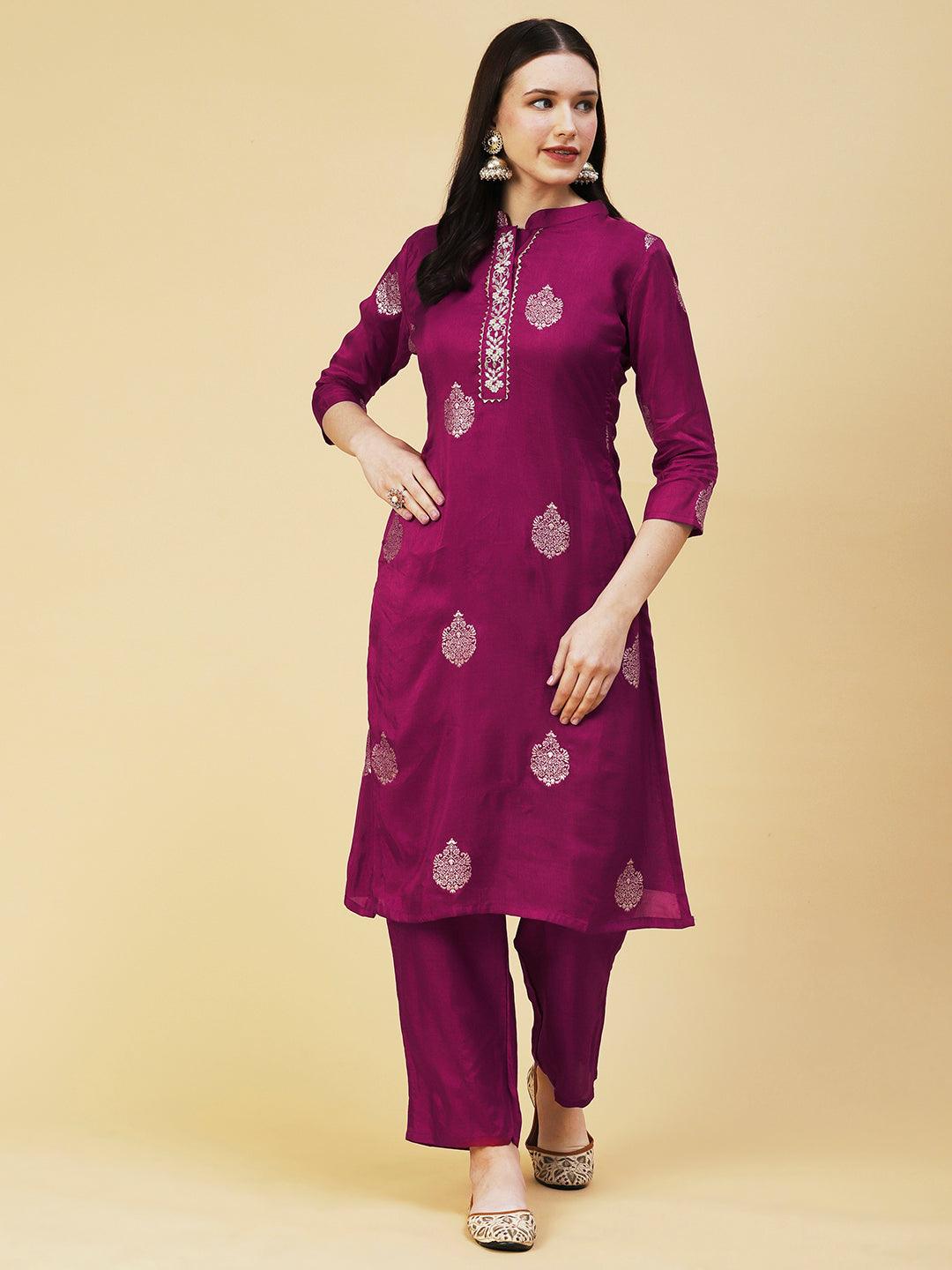 Ethnic Woven Hand Embroidered Straight Kurta with Pant & Dupatta - Magenta - Indiakreations