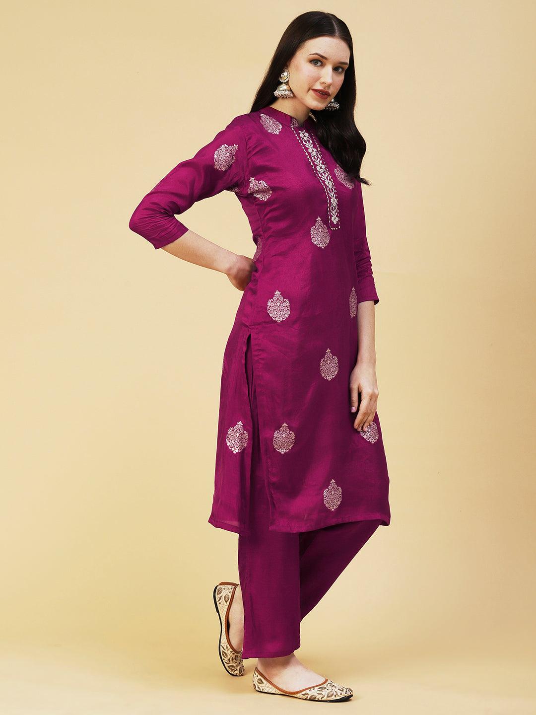 Ethnic Woven Hand Embroidered Straight Kurta with Pant & Dupatta - Magenta - Indiakreations