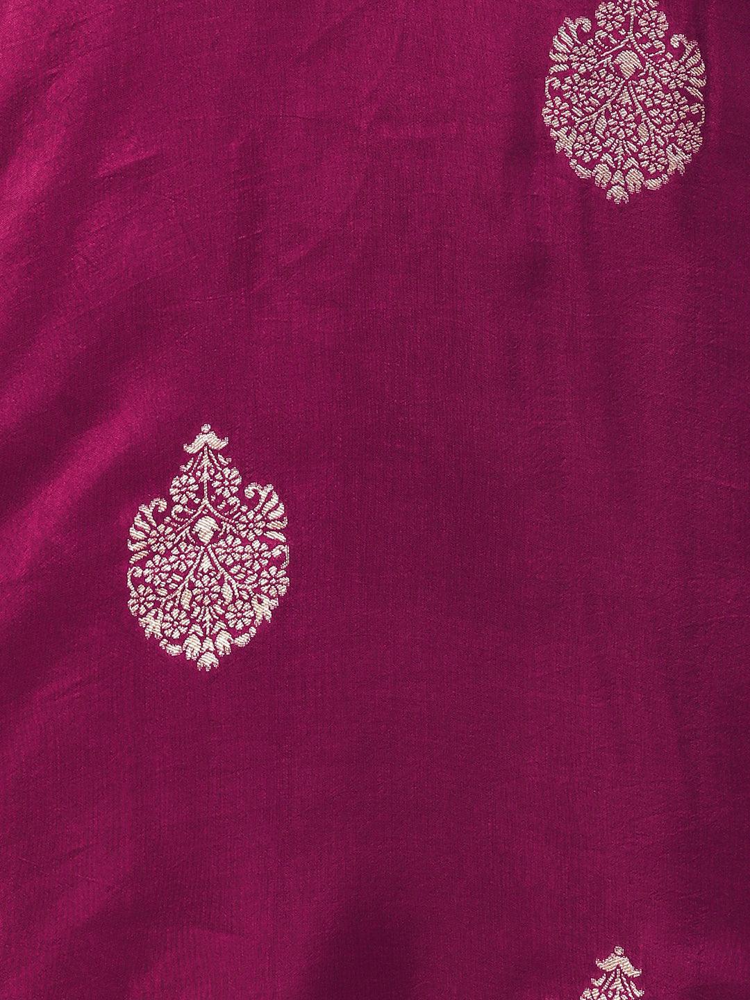 Ethnic Woven Hand Embroidered Straight Kurta with Pant & Dupatta - Magenta - Indiakreations