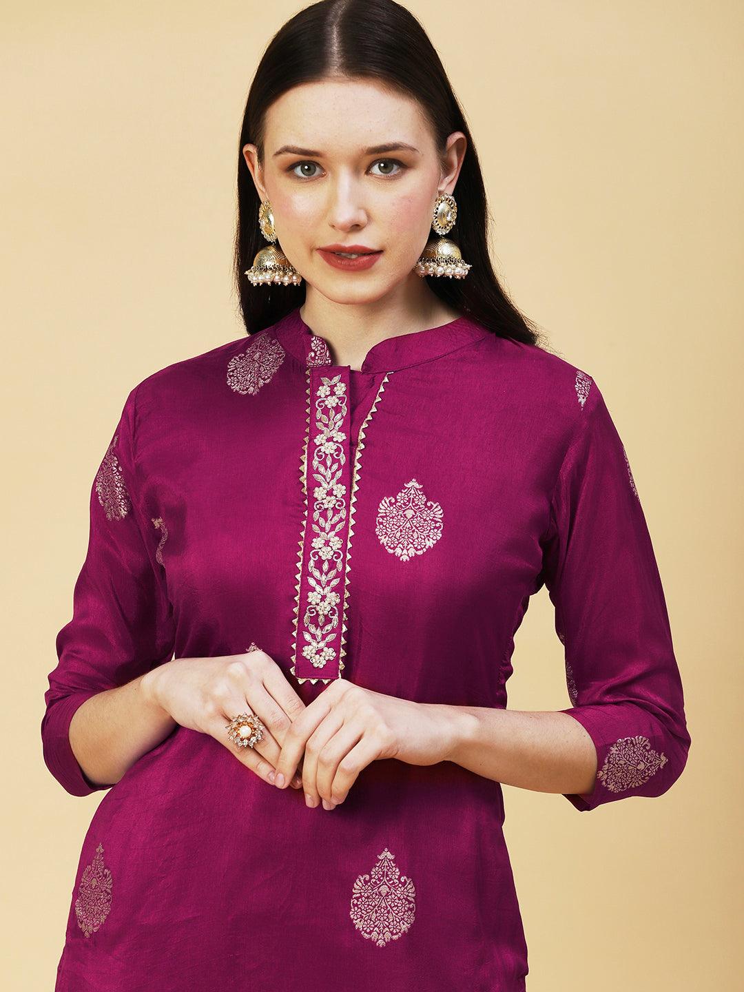 Ethnic Woven Hand Embroidered Straight Kurta with Pant & Dupatta - Magenta - Indiakreations