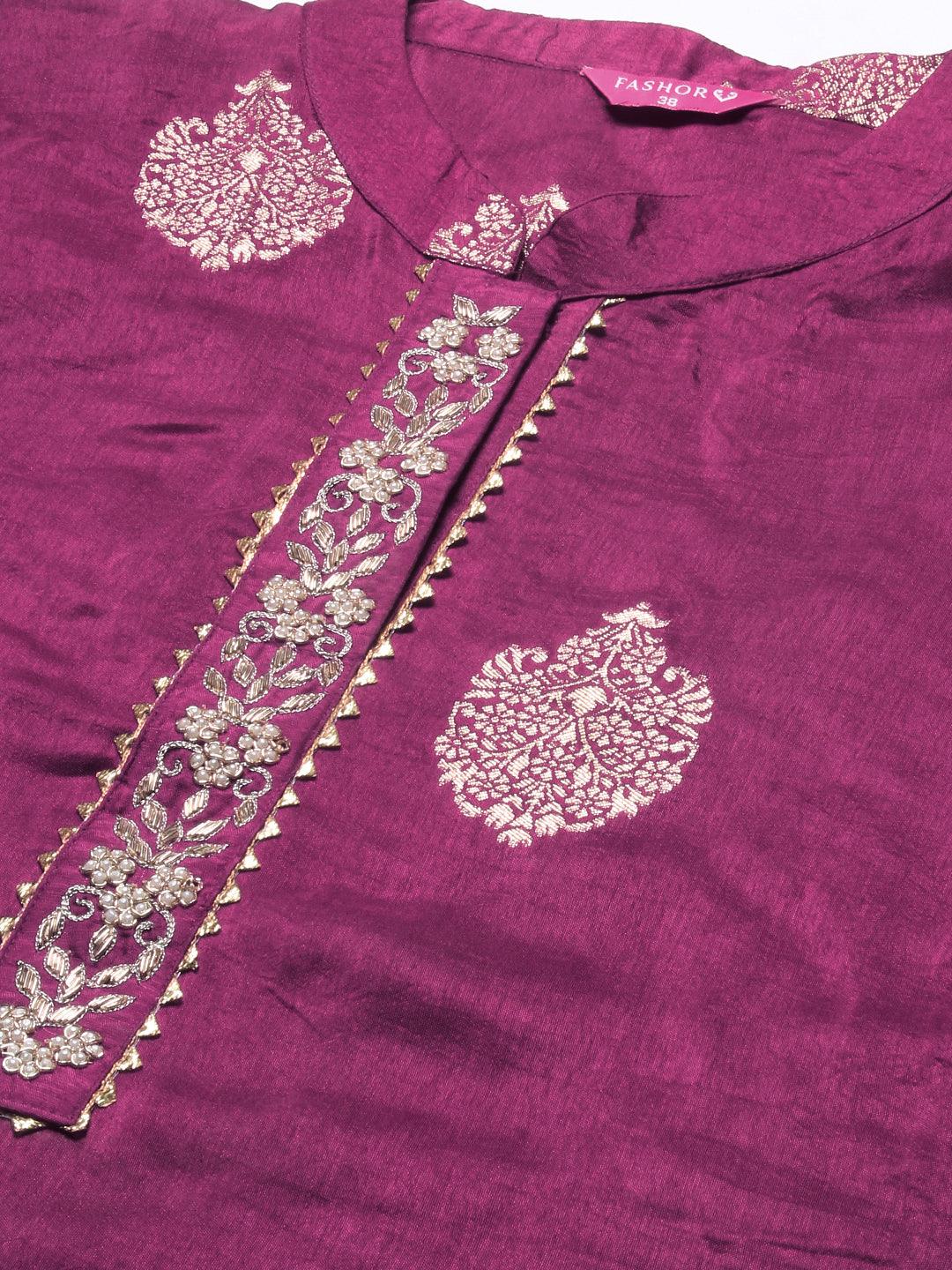 Ethnic Woven Hand Embroidered Straight Kurta with Pant & Dupatta - Magenta - Indiakreations