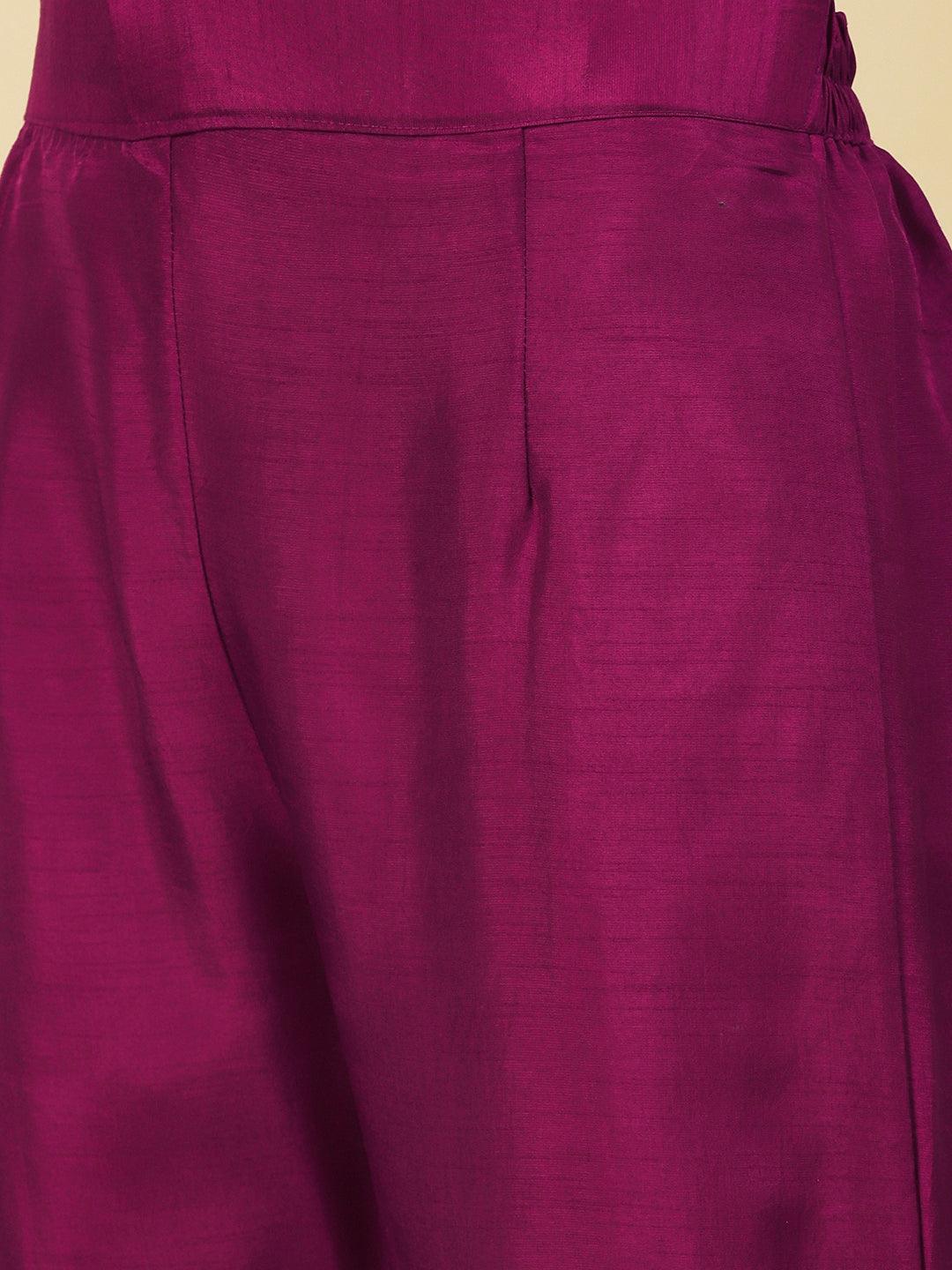 Ethnic Woven Hand Embroidered Straight Kurta with Pant & Dupatta - Magenta - Indiakreations