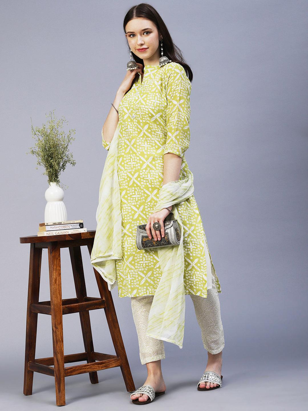 Ethnic Printed Straight Fit Kurta with Pant & Dupatta - Green - Indiakreations