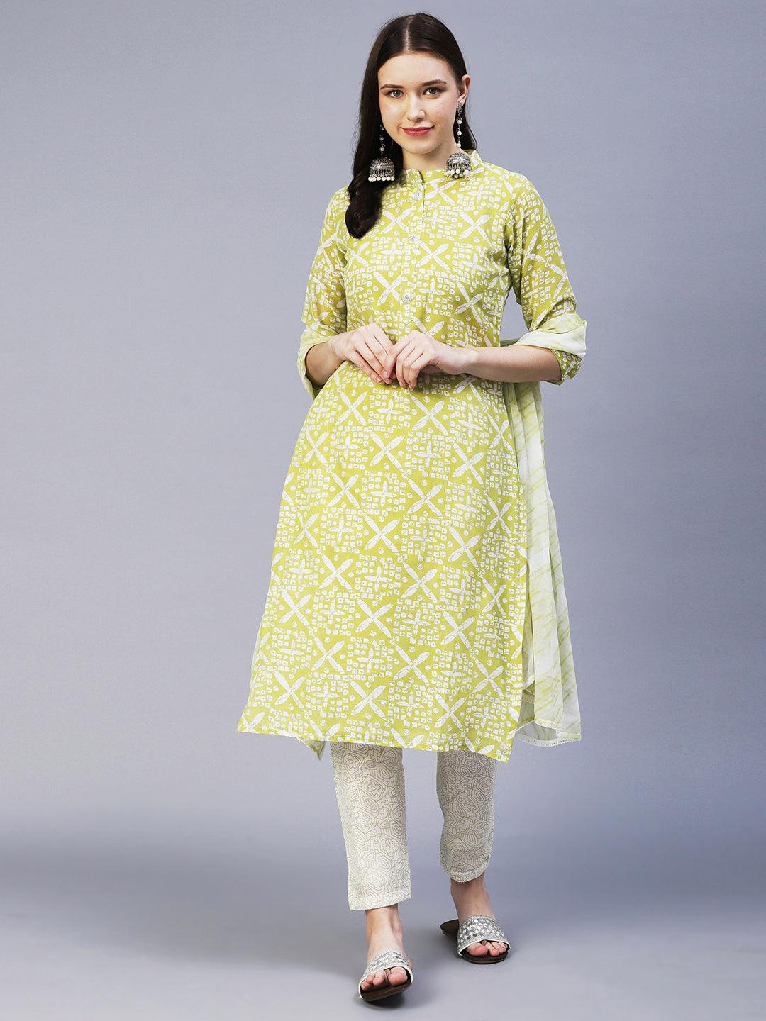 Ethnic Printed Straight Fit Kurta with Pant & Dupatta - Green - Indiakreations