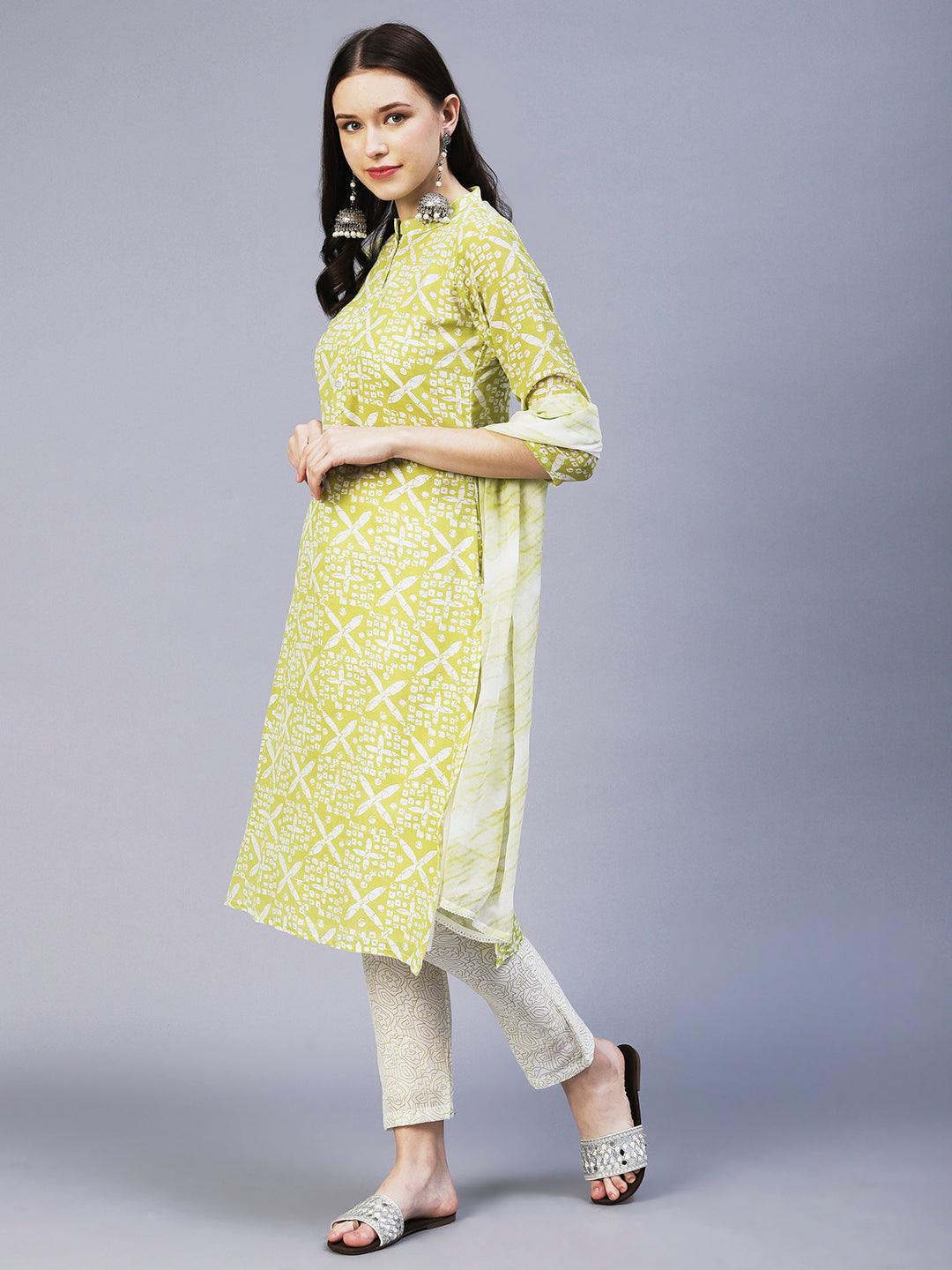 Ethnic Printed Straight Fit Kurta with Pant & Dupatta - Green - Indiakreations