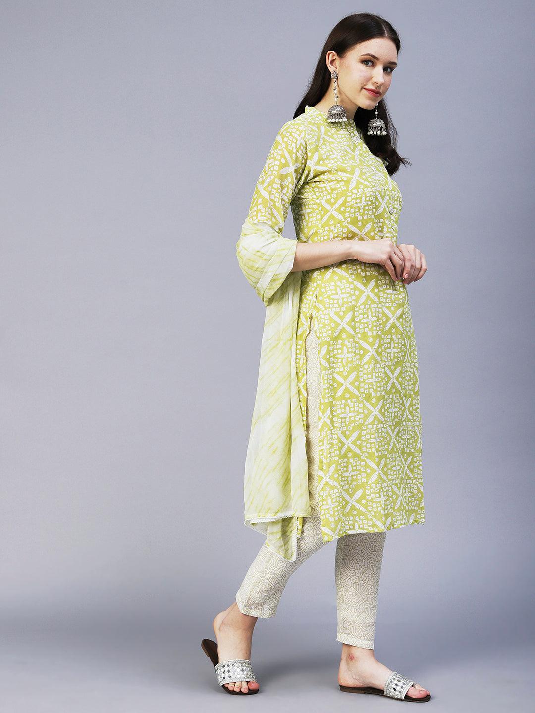 Ethnic Printed Straight Fit Kurta with Pant & Dupatta - Green - Indiakreations