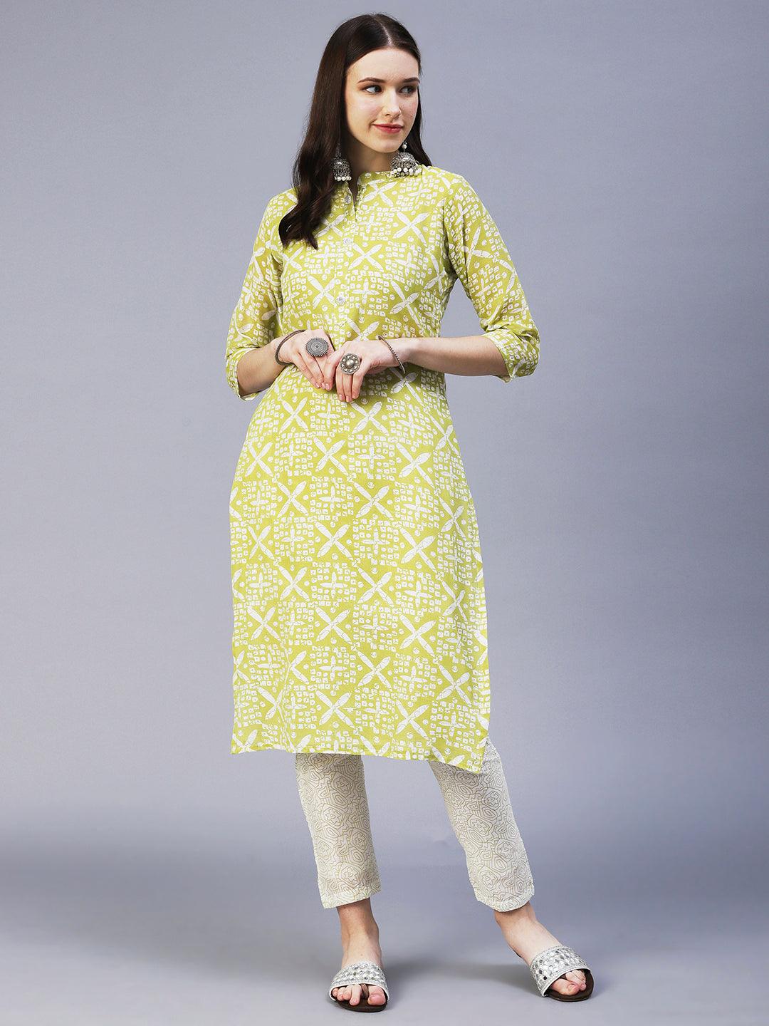 Ethnic Printed Straight Fit Kurta with Pant & Dupatta - Green - Indiakreations