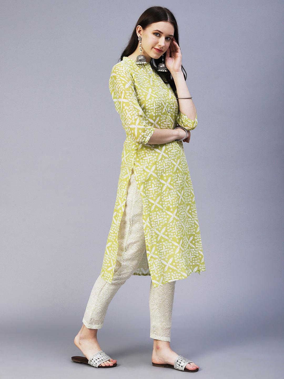 Ethnic Printed Straight Fit Kurta with Pant & Dupatta - Green - Indiakreations