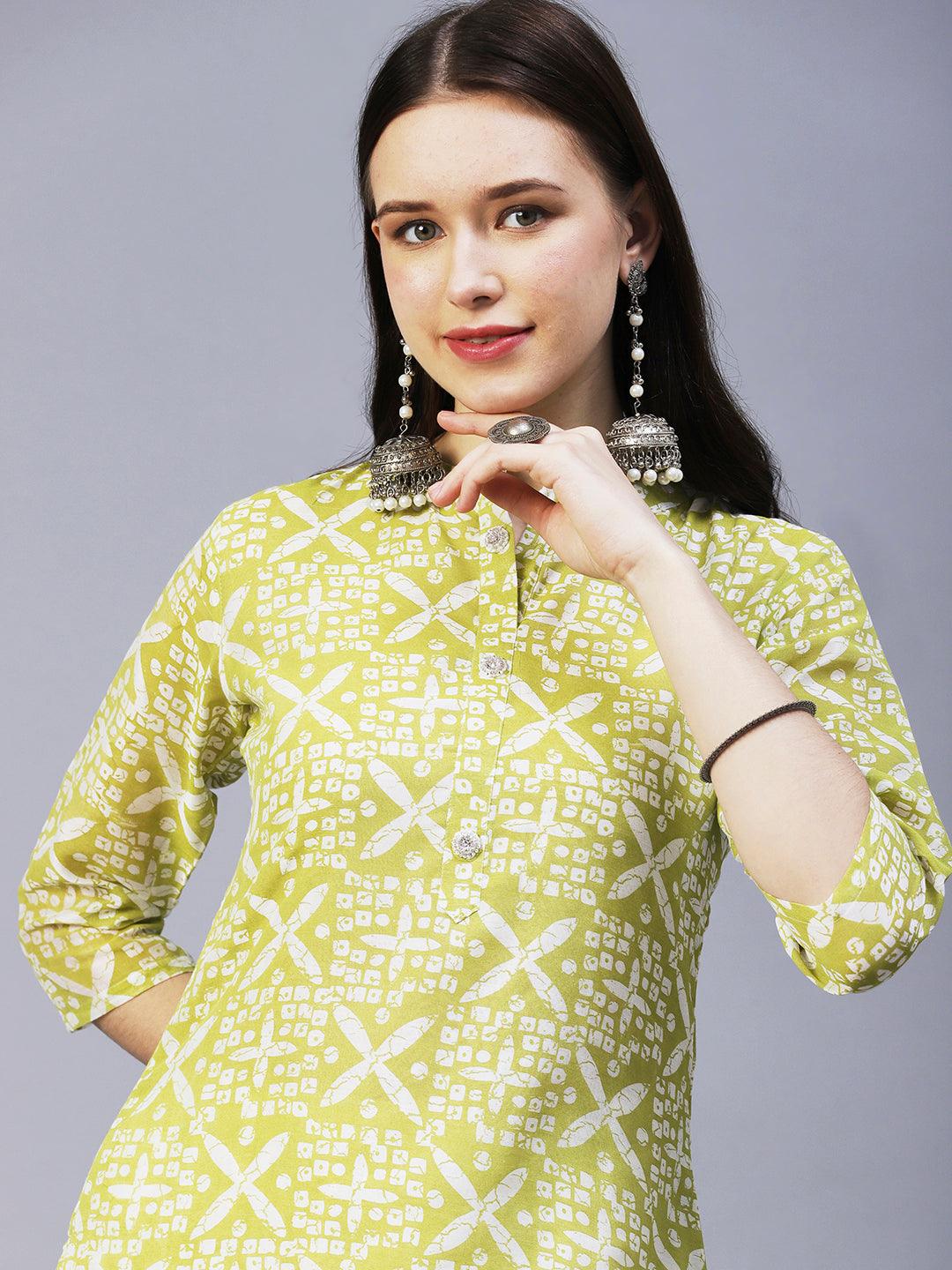 Ethnic Printed Straight Fit Kurta with Pant & Dupatta - Green - Indiakreations