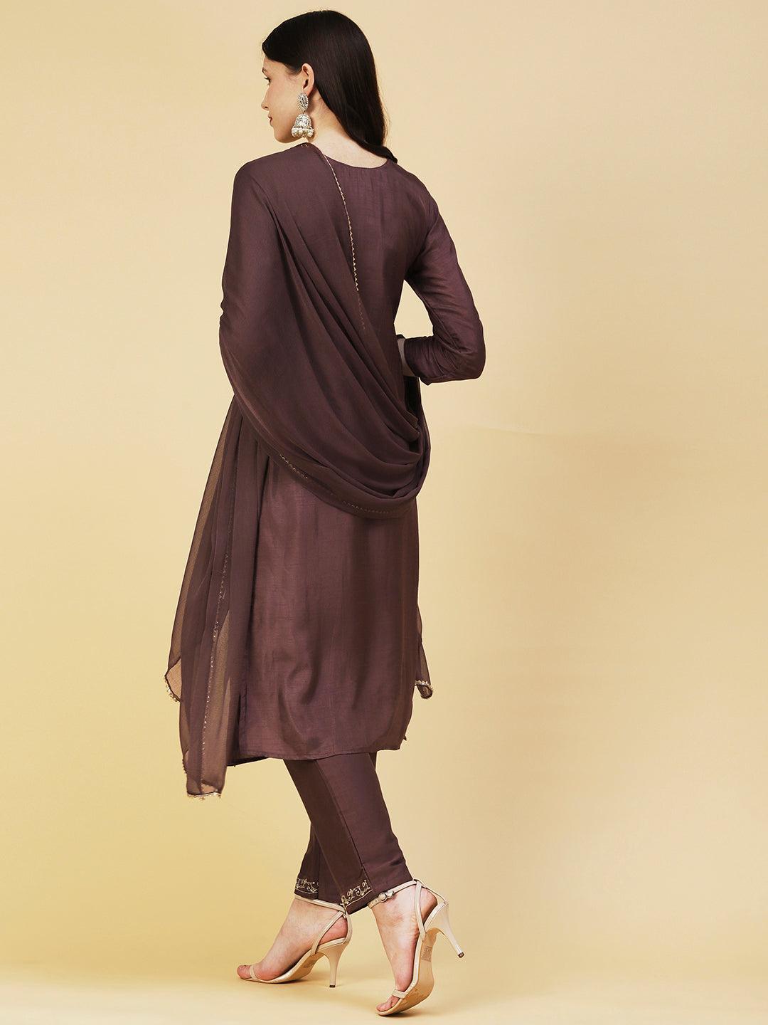 Solid Ethnic Hand Embroidered Straight Kurta with Pant & Dupatta - Brown - Indiakreations