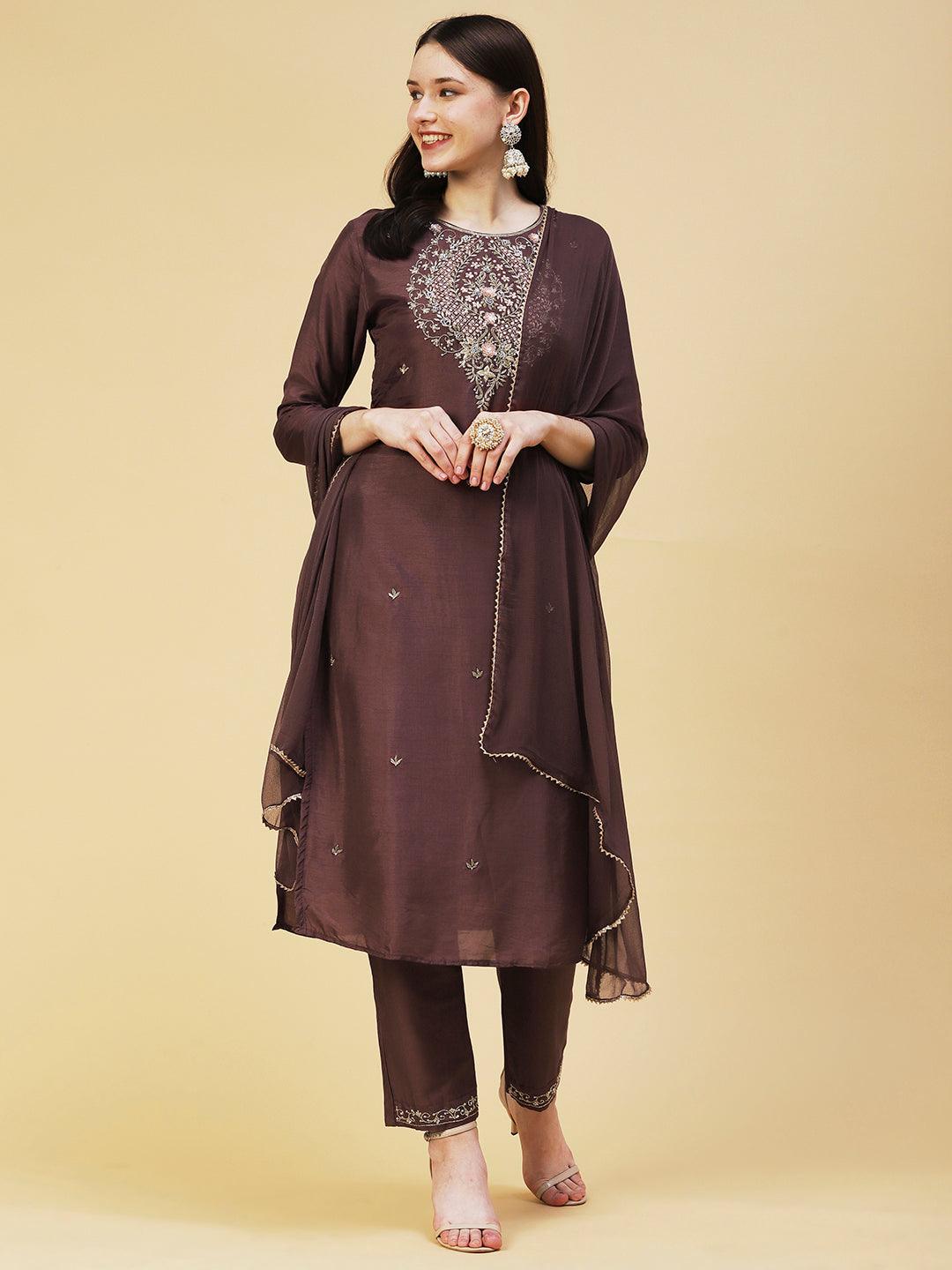 Solid Ethnic Hand Embroidered Straight Kurta with Pant & Dupatta - Brown - Indiakreations