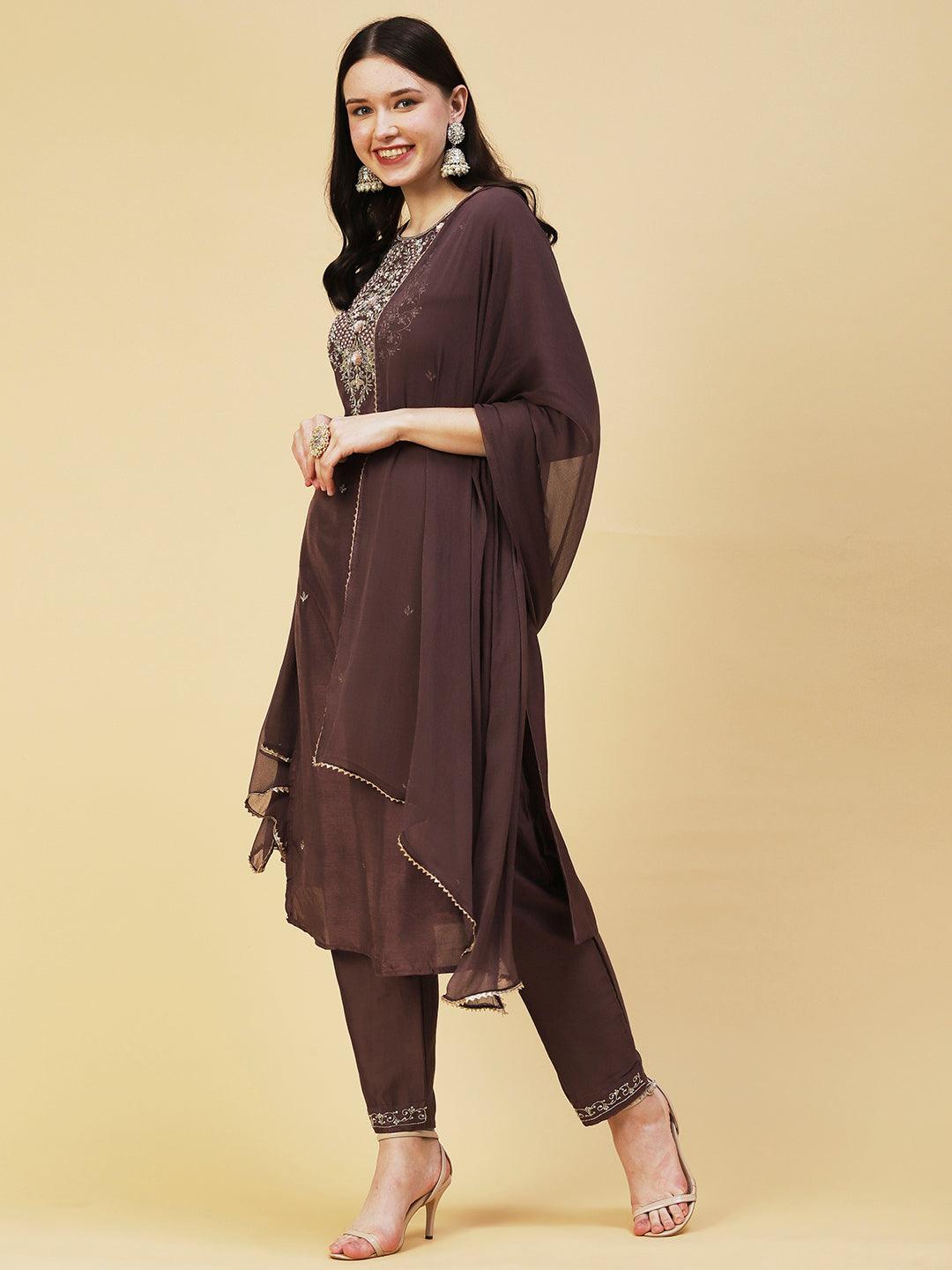 Solid Ethnic Hand Embroidered Straight Kurta with Pant & Dupatta - Brown - Indiakreations