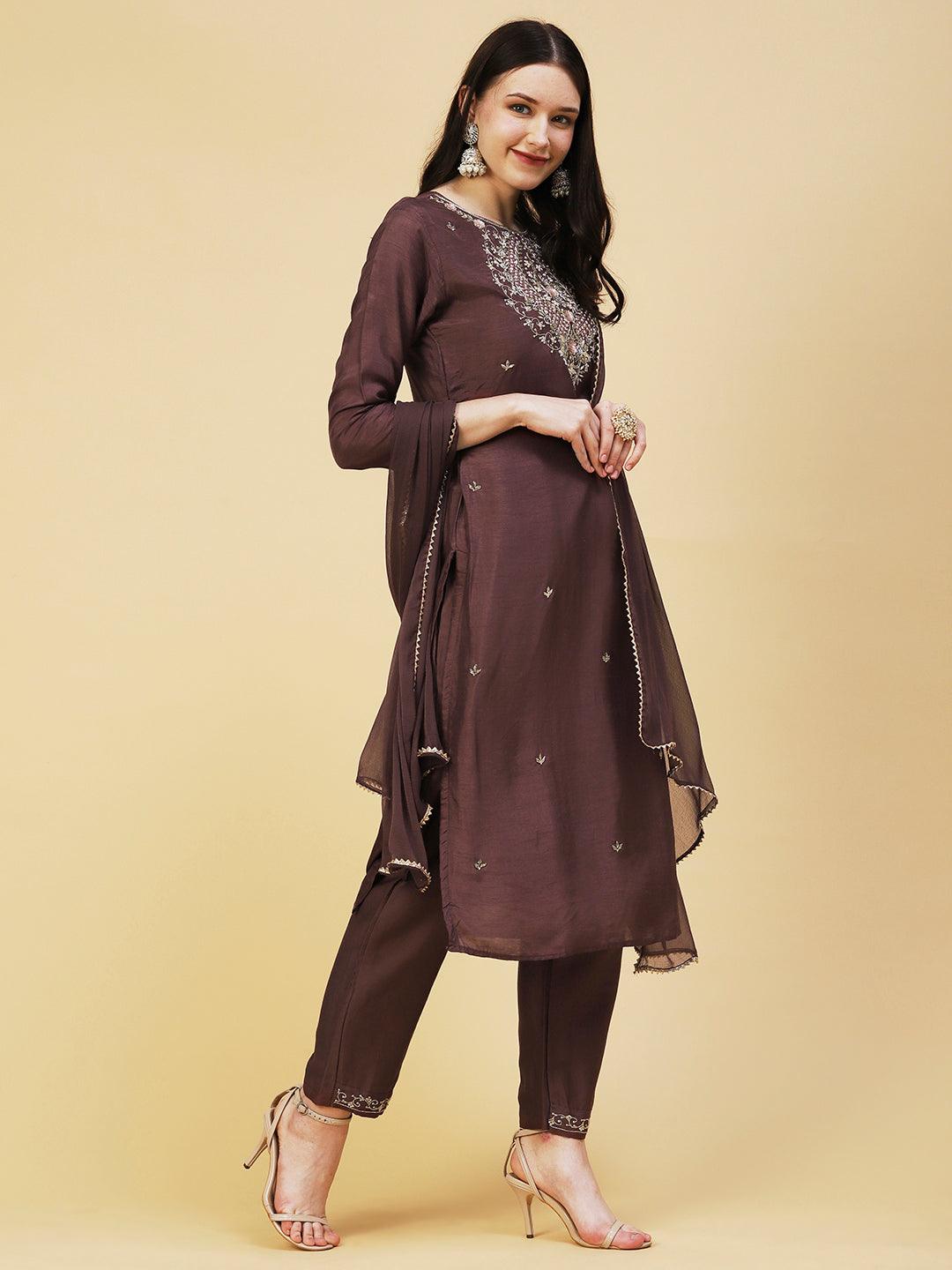 Solid Ethnic Hand Embroidered Straight Kurta with Pant & Dupatta - Brown - Indiakreations