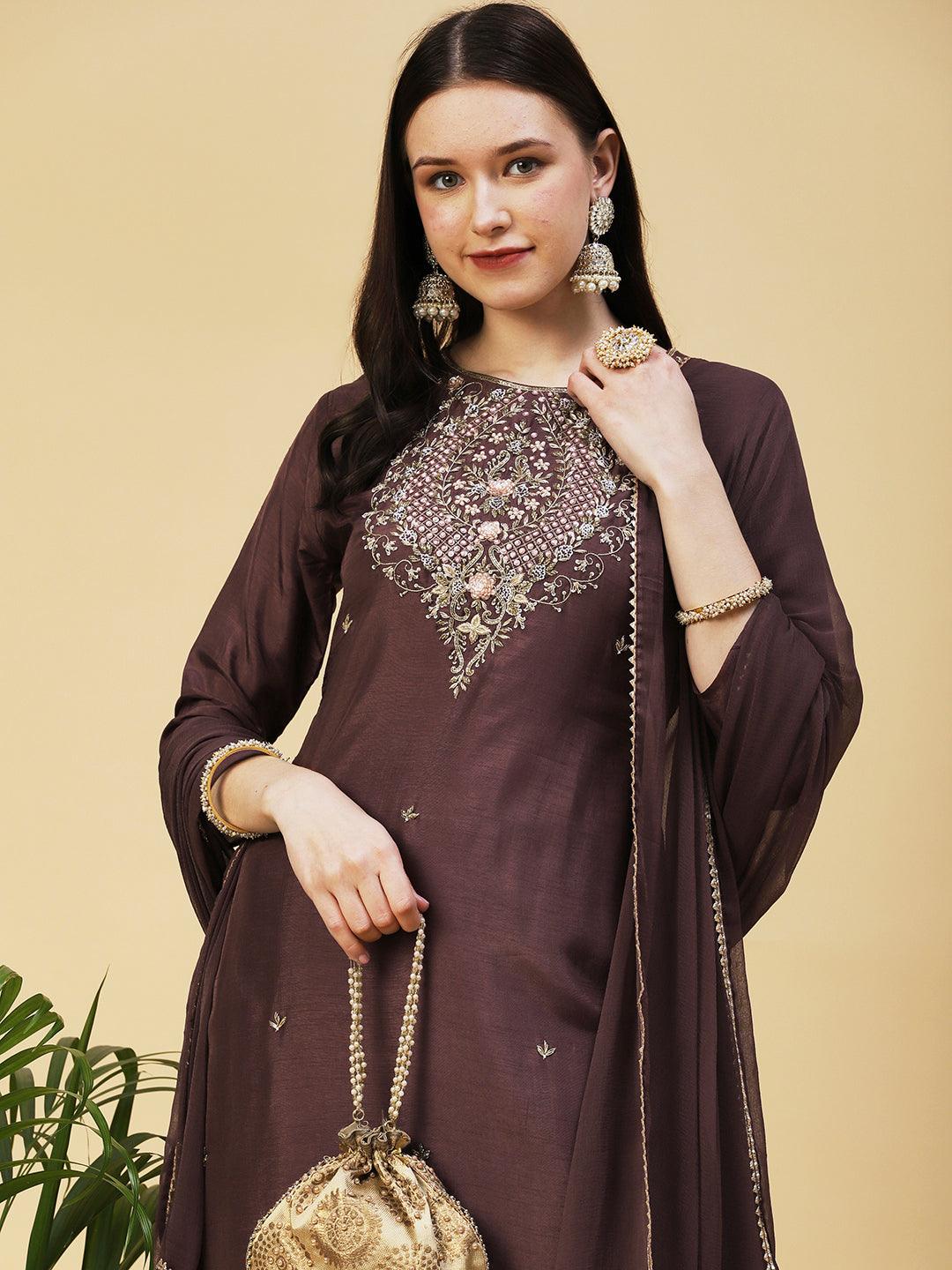 Solid Ethnic Hand Embroidered Straight Kurta with Pant & Dupatta - Brown - Indiakreations