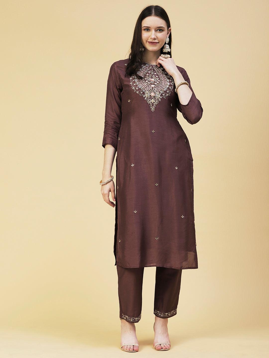 Solid Ethnic Hand Embroidered Straight Kurta with Pant & Dupatta - Brown - Indiakreations