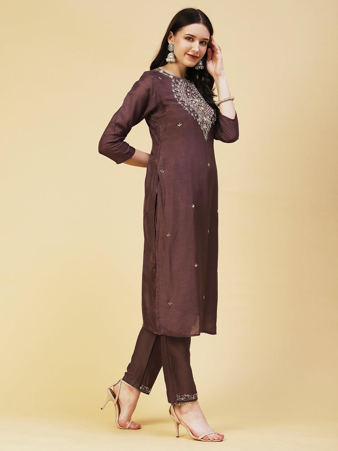 Solid Ethnic Hand Embroidered Straight Kurta with Pant & Dupatta - Brown - Indiakreations