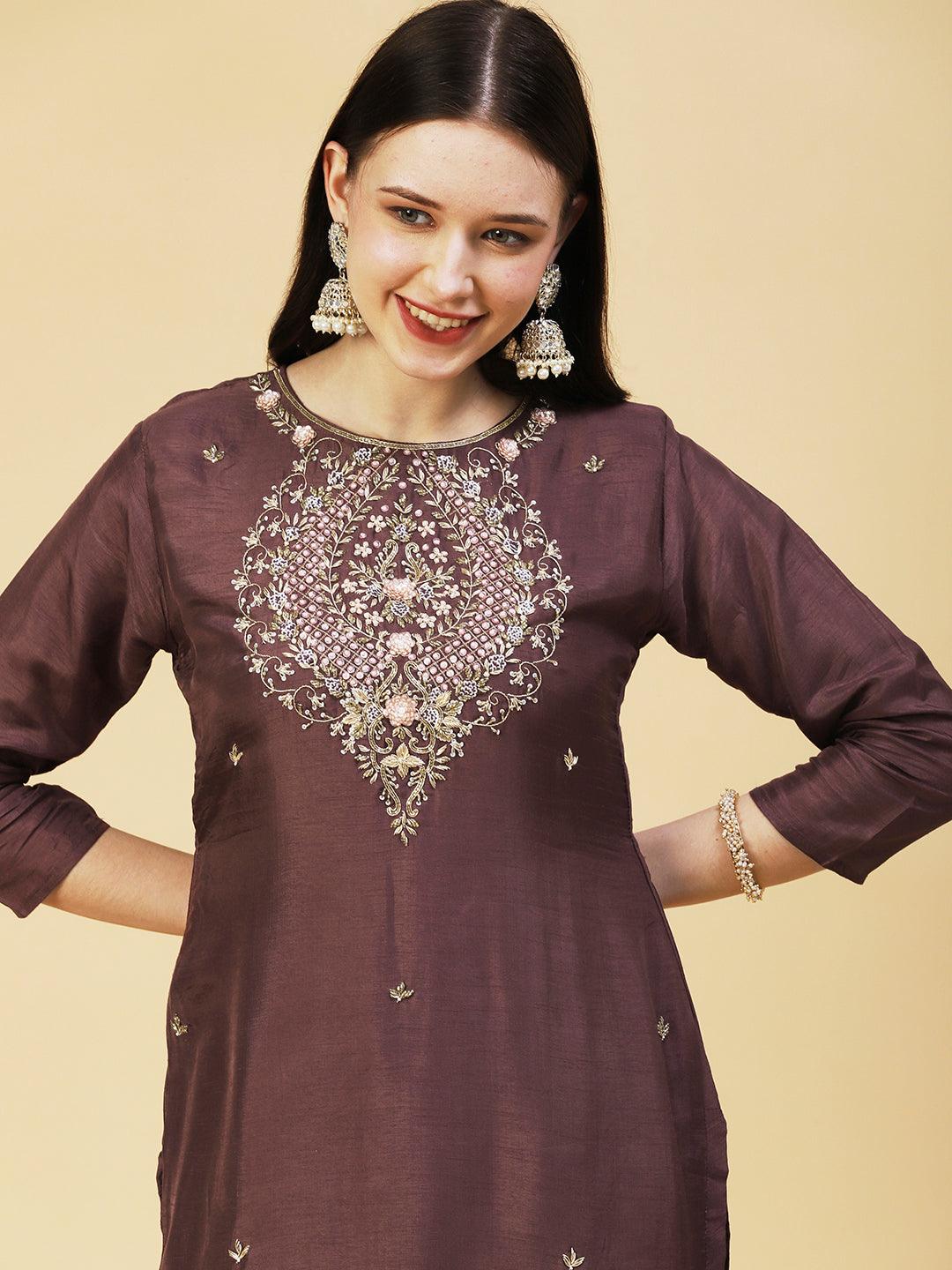 Solid Ethnic Hand Embroidered Straight Kurta with Pant & Dupatta - Brown - Indiakreations