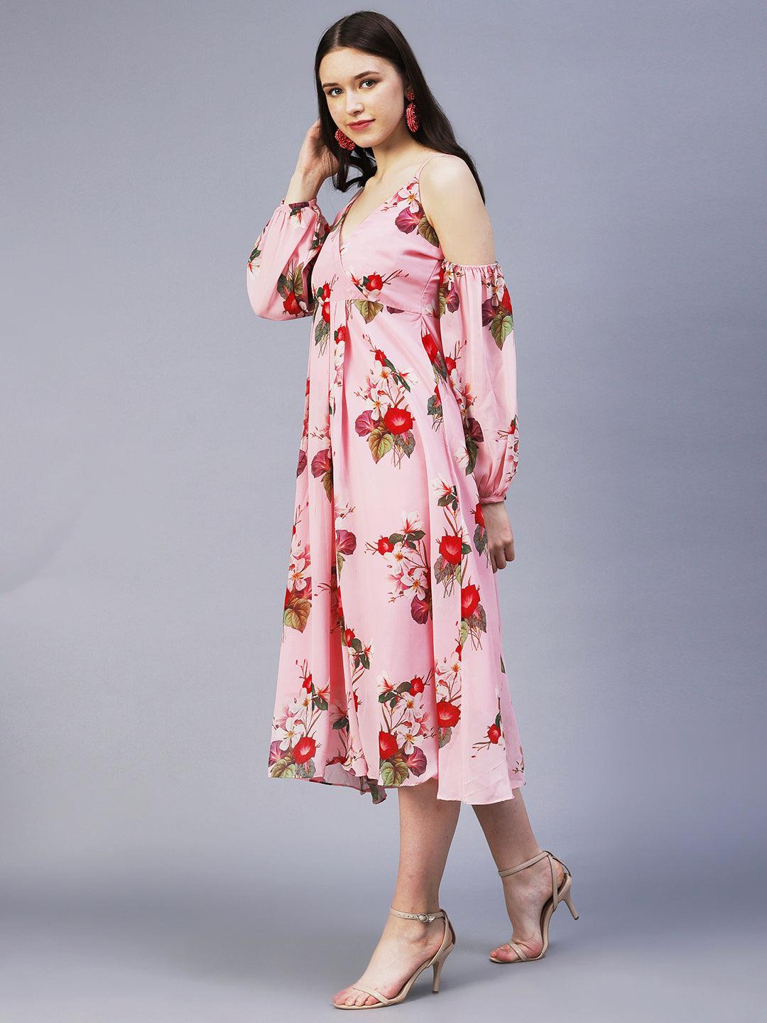 Floral Printed Off - Shoulder Pleated Fit & Flare Midi Dress - Pink - Indiakreations