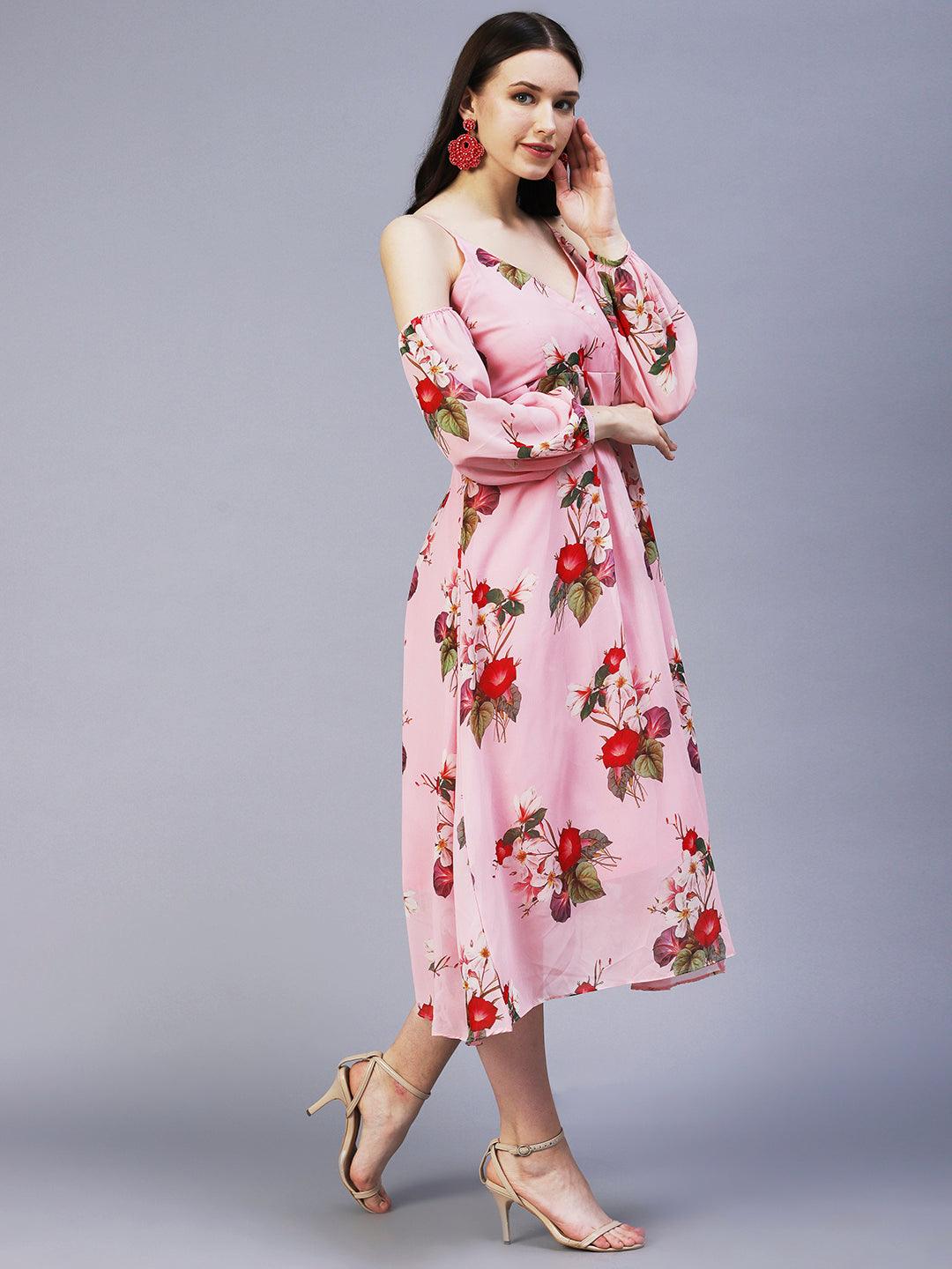 Floral Printed Off - Shoulder Pleated Fit & Flare Midi Dress - Pink - Indiakreations