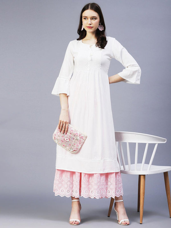 Solid Beads Embroidered Pin Tucks Kurta - White - Indiakreations