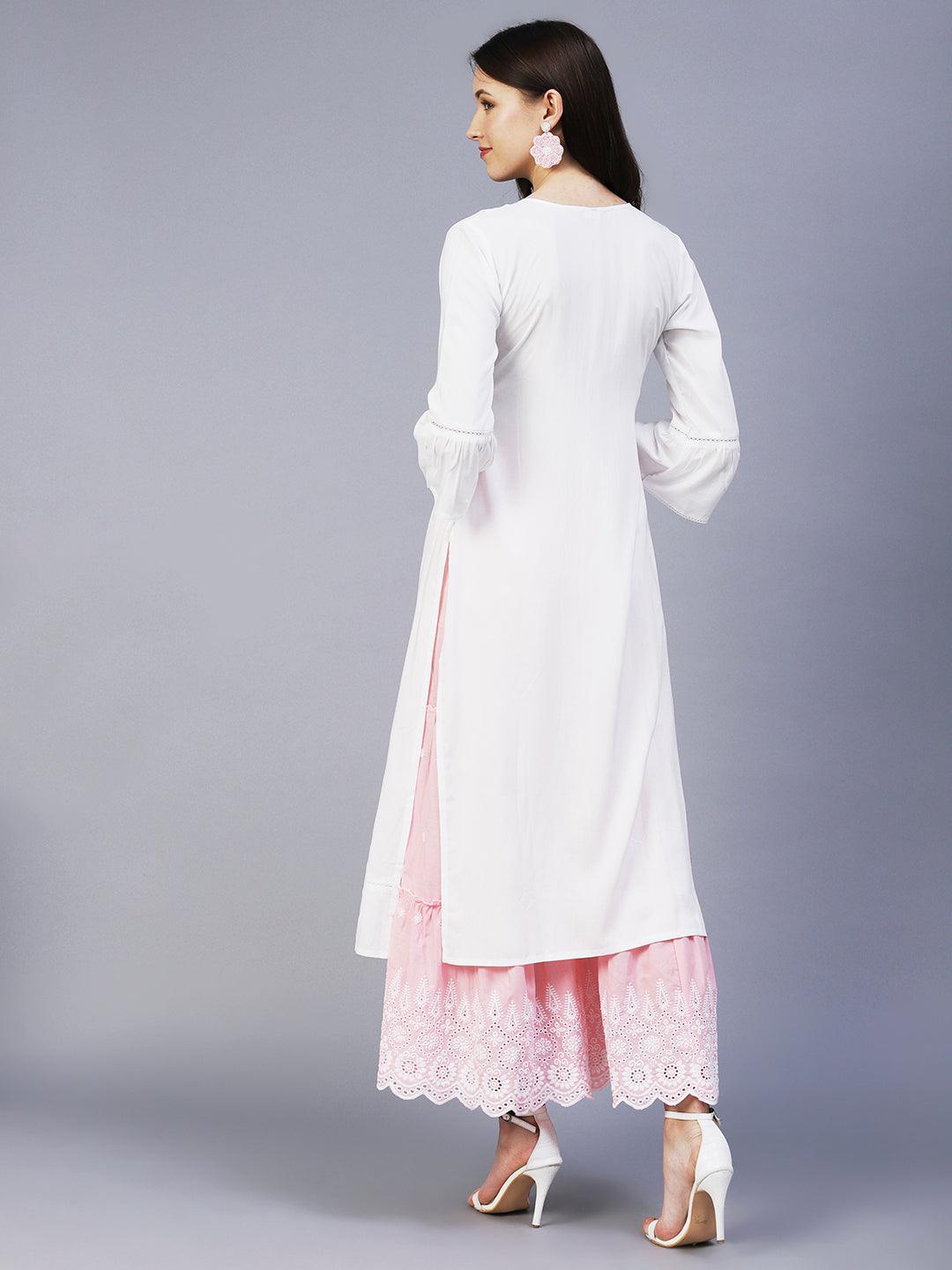 Solid Beads Embroidered Pin Tucks Kurta - White - Indiakreations