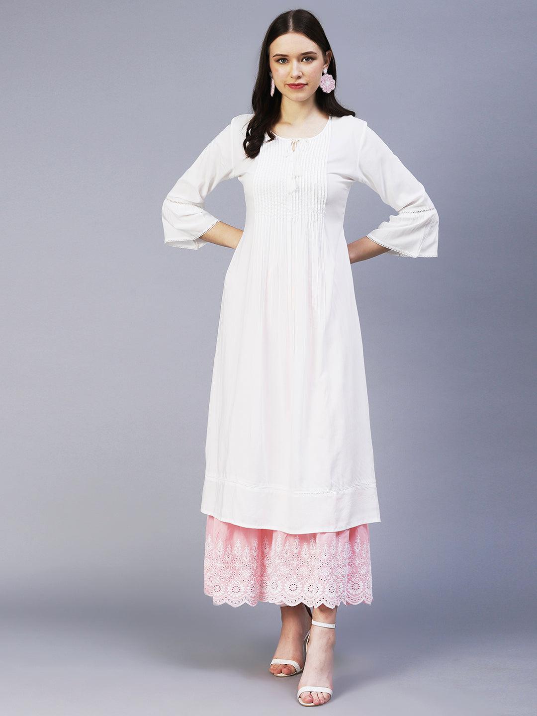 Solid Beads Embroidered Pin Tucks Kurta - White - Indiakreations