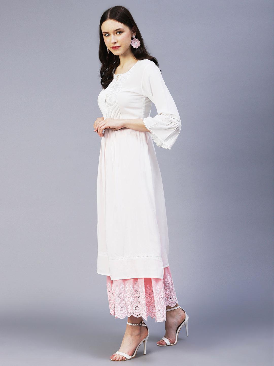 Solid Beads Embroidered Pin Tucks Kurta - White - Indiakreations