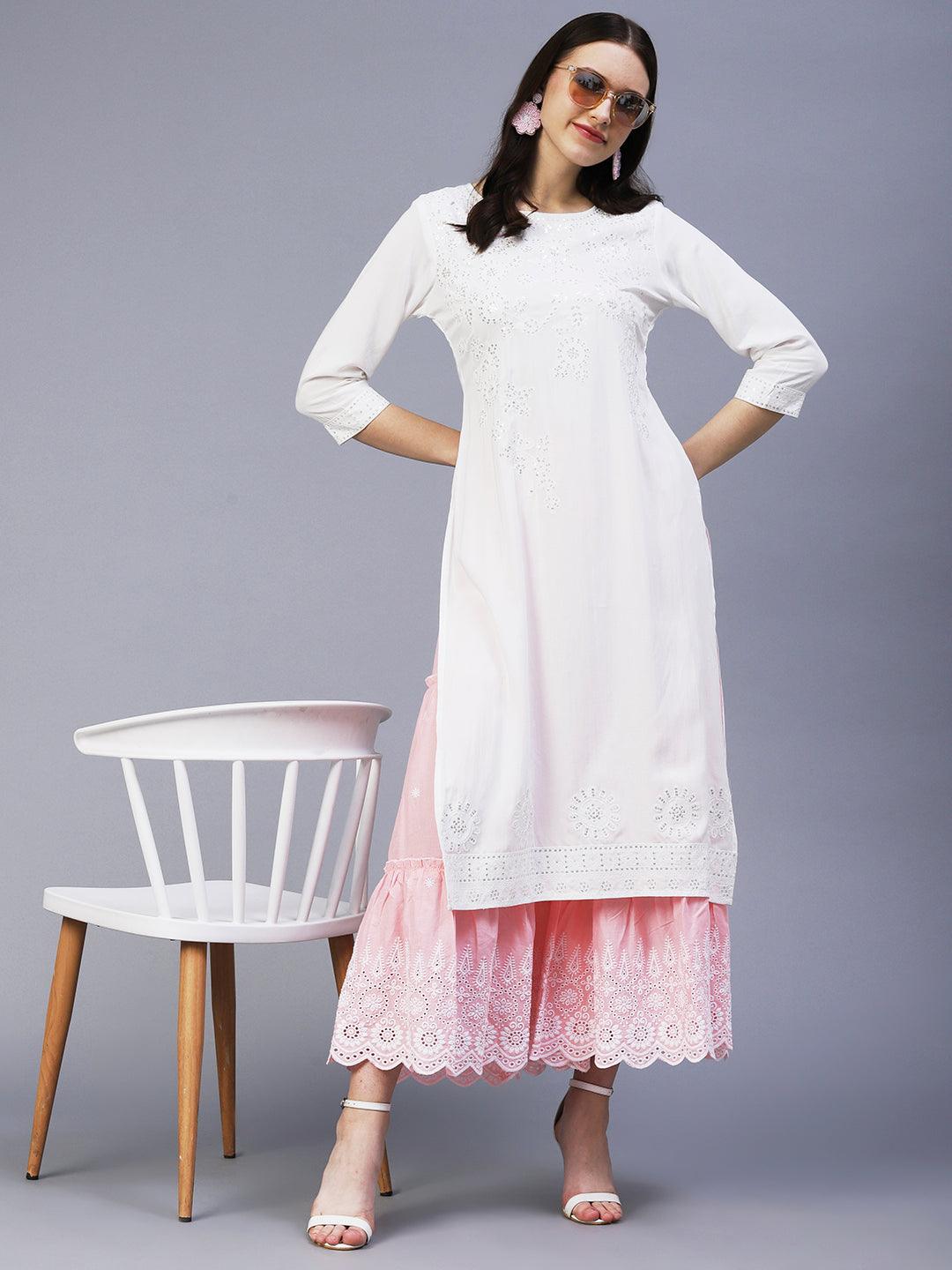 Solid Sequin Embroidered Straight Fit Kurta - White - Indiakreations