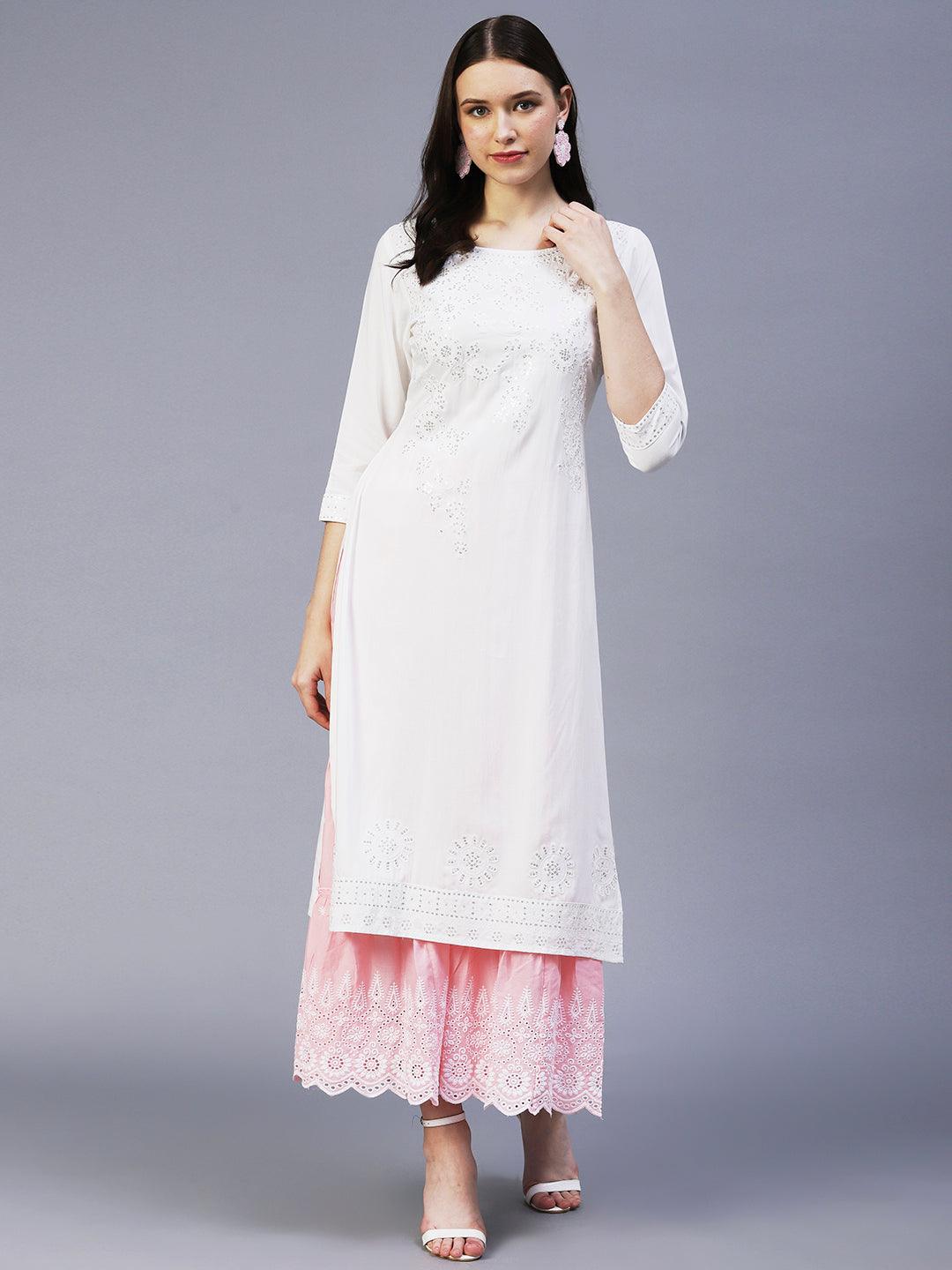 Solid Sequin Embroidered Straight Fit Kurta - White - Indiakreations