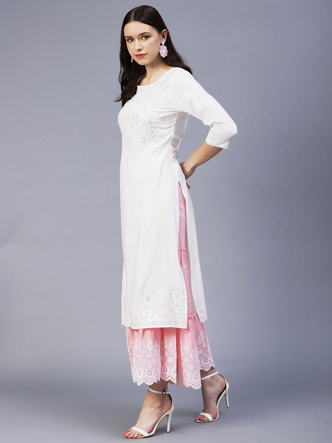 Solid Sequin Embroidered Straight Fit Kurta - White - Indiakreations