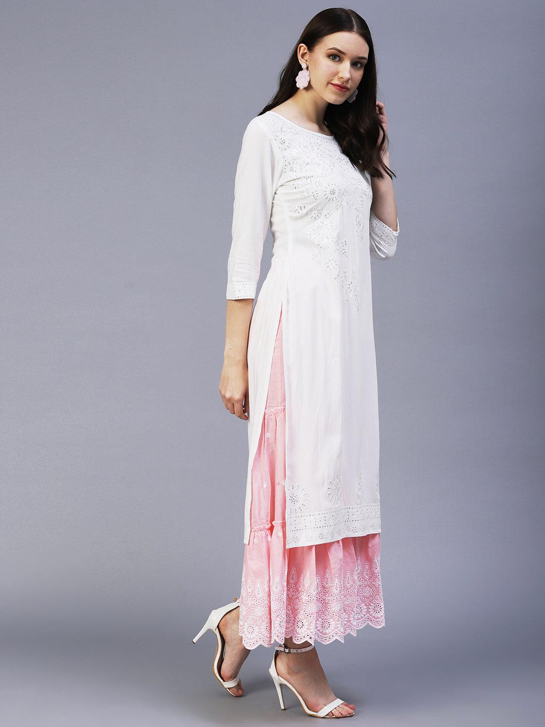 Solid Sequin Embroidered Straight Fit Kurta - White - Indiakreations