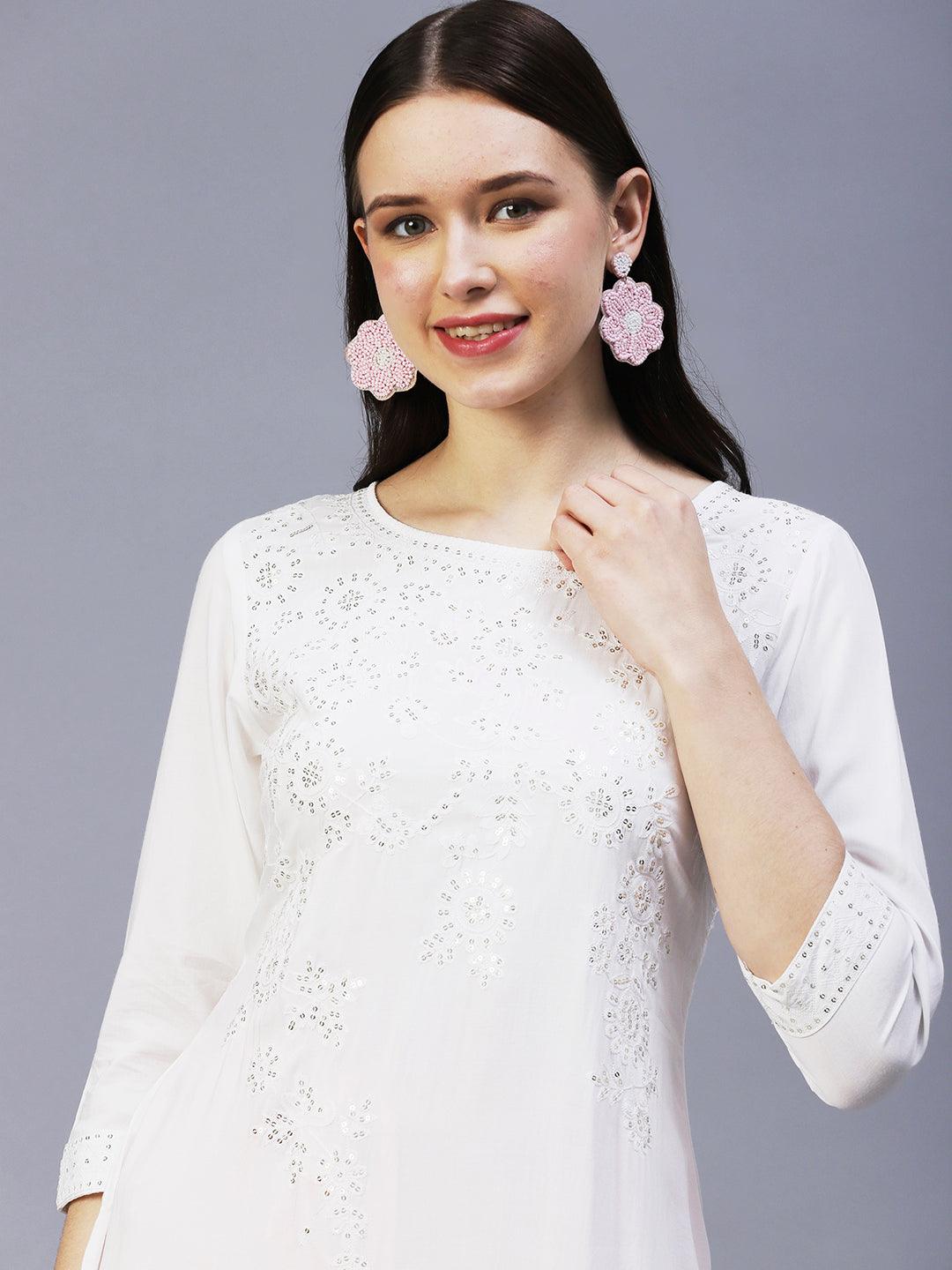 Solid Sequin Embroidered Straight Fit Kurta - White - Indiakreations