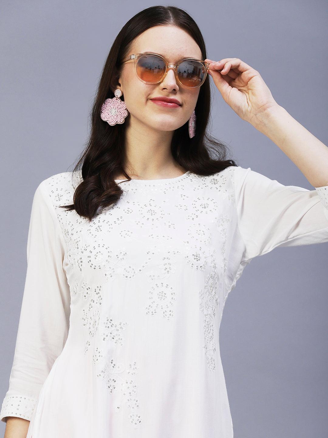 Solid Sequin Embroidered Straight Fit Kurta - White - Indiakreations