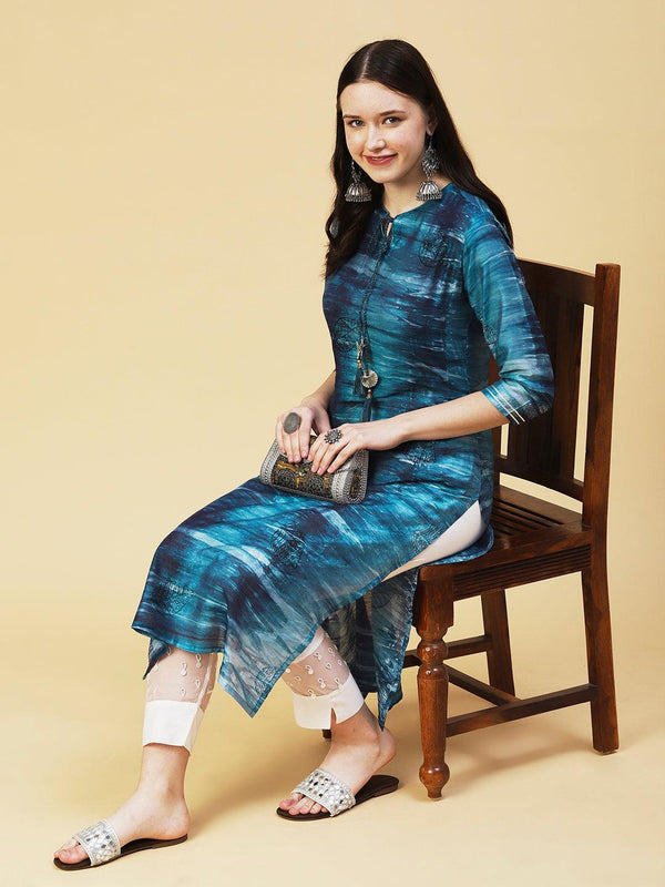 Abstract Stripes Printed Straight Fit Kurta - Teal - Indiakreations