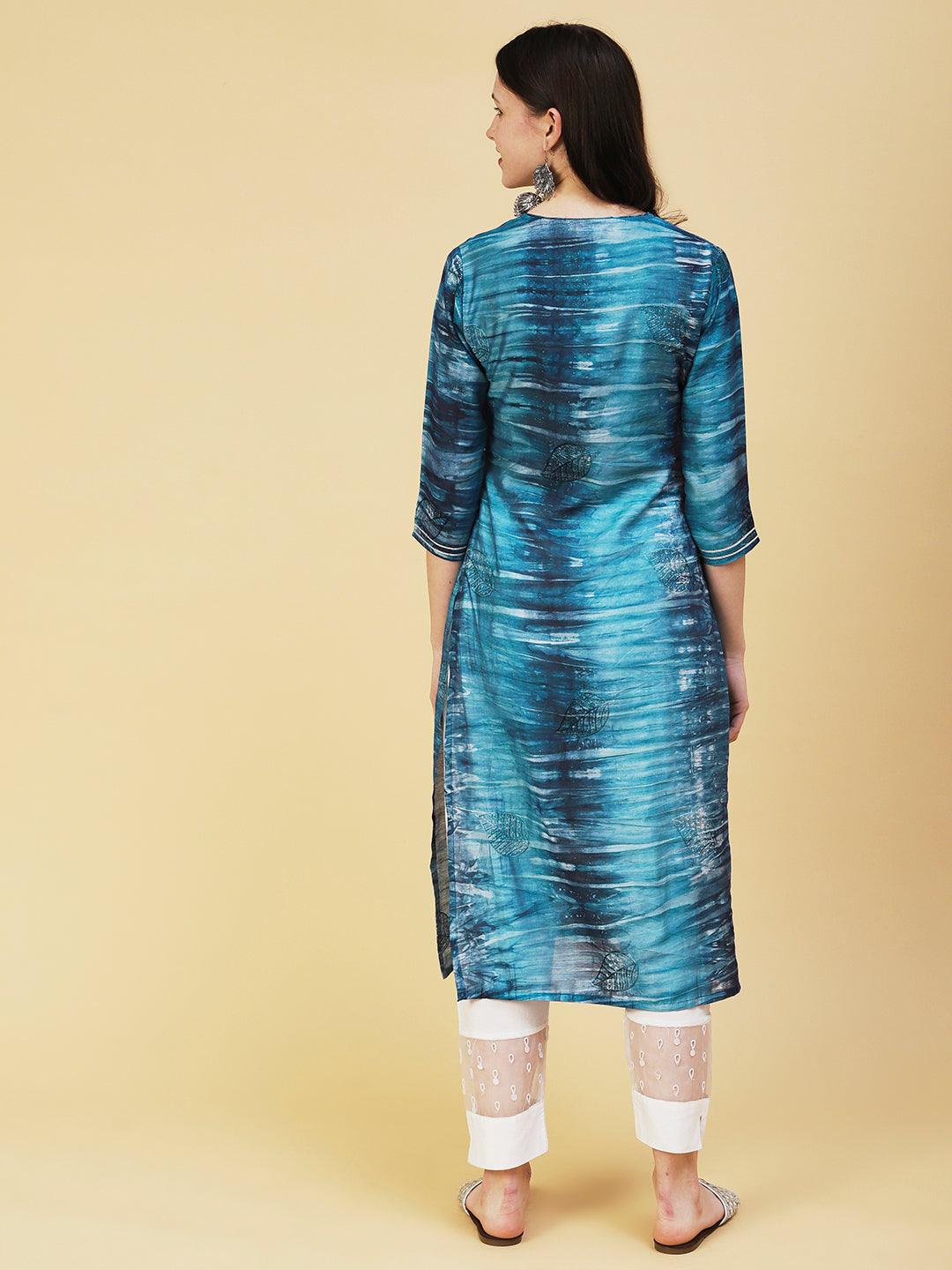 Abstract Stripes Printed Straight Fit Kurta - Teal - Indiakreations