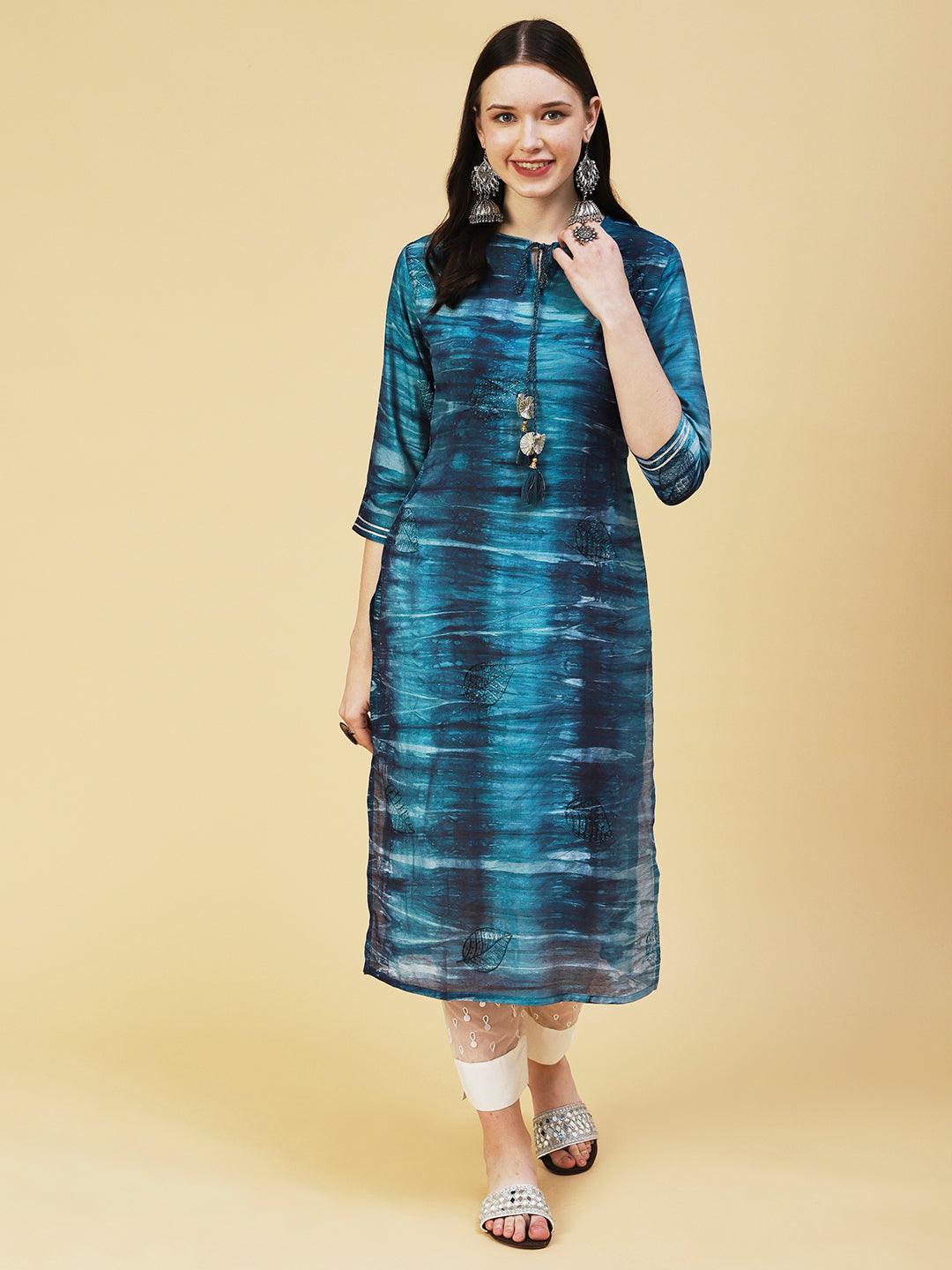 Abstract Stripes Printed Straight Fit Kurta - Teal - Indiakreations