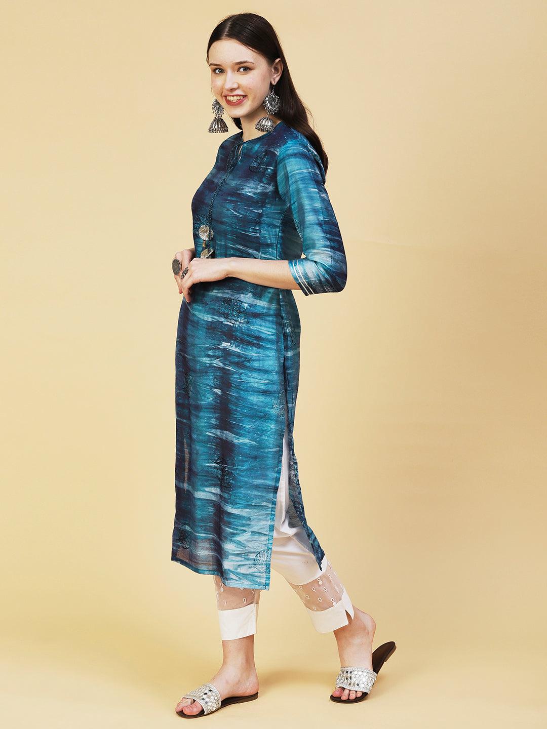 Abstract Stripes Printed Straight Fit Kurta - Teal - Indiakreations