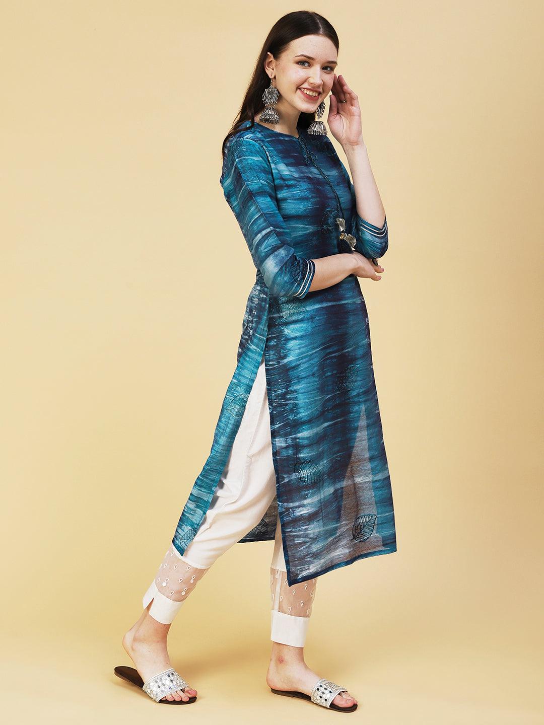 Abstract Stripes Printed Straight Fit Kurta - Teal - Indiakreations