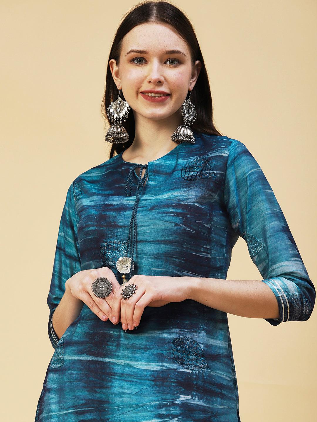 Abstract Stripes Printed Straight Fit Kurta - Teal - Indiakreations