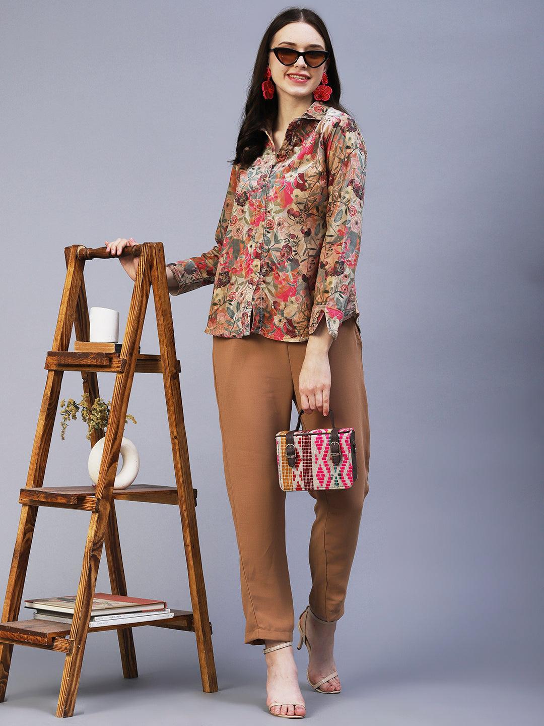 Floral Printed & Embroidered Straight Fit Shirt with Pant - Brown - Indiakreations