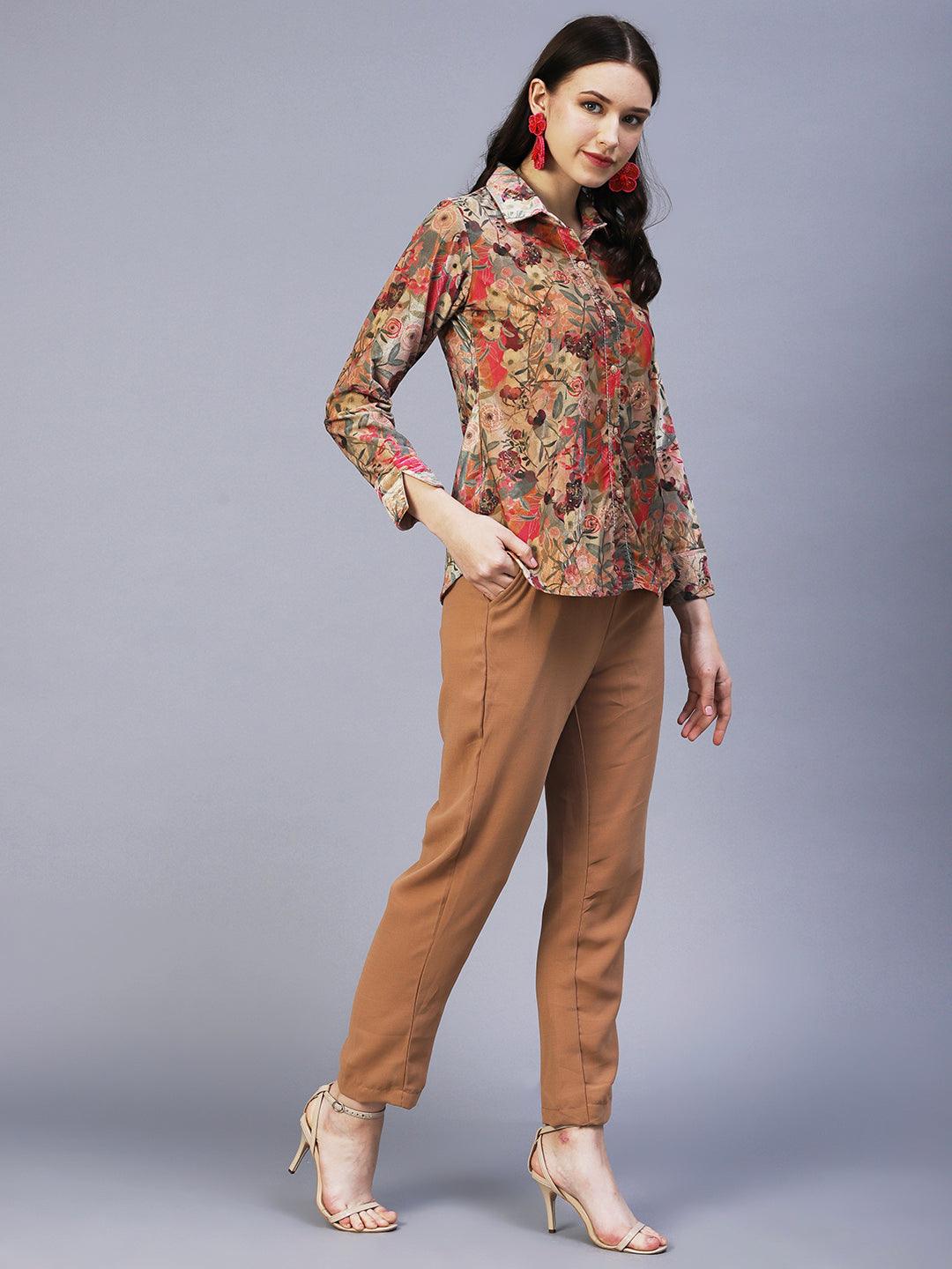 Floral Printed & Embroidered Straight Fit Shirt with Pant - Brown - Indiakreations